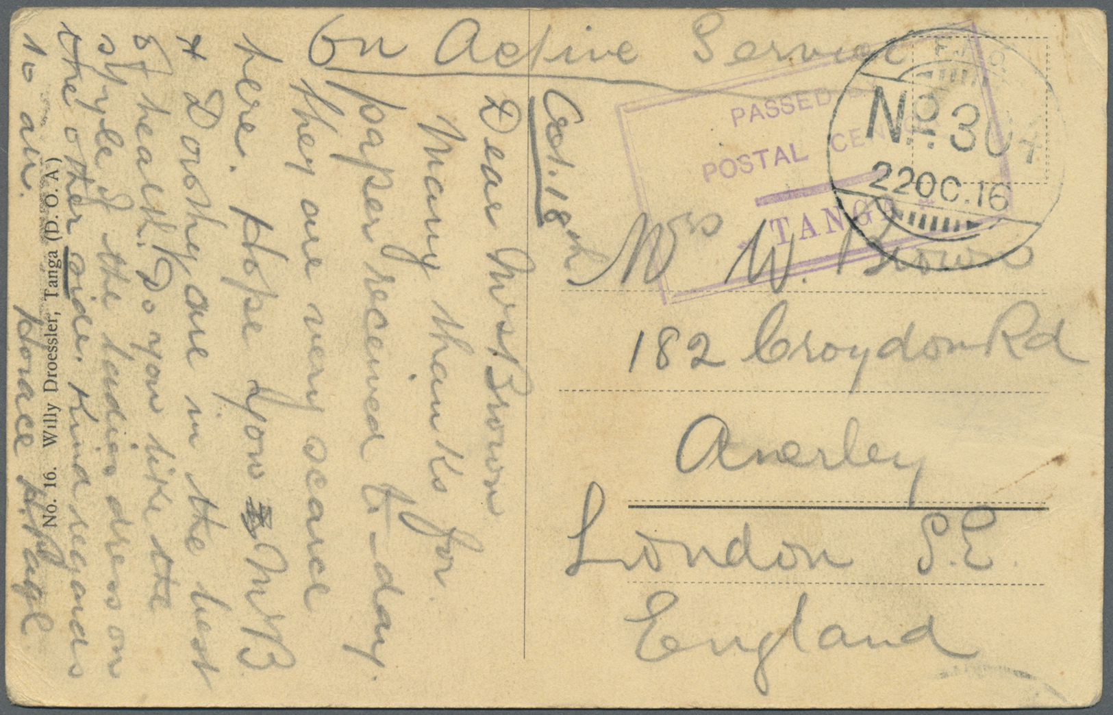 Br Britisch-Ostafrika Und Uganda: 1916. Stampless Picture Post Card Addressed To England Endorsed 'On Active Service' Ca - East Africa & Uganda Protectorates