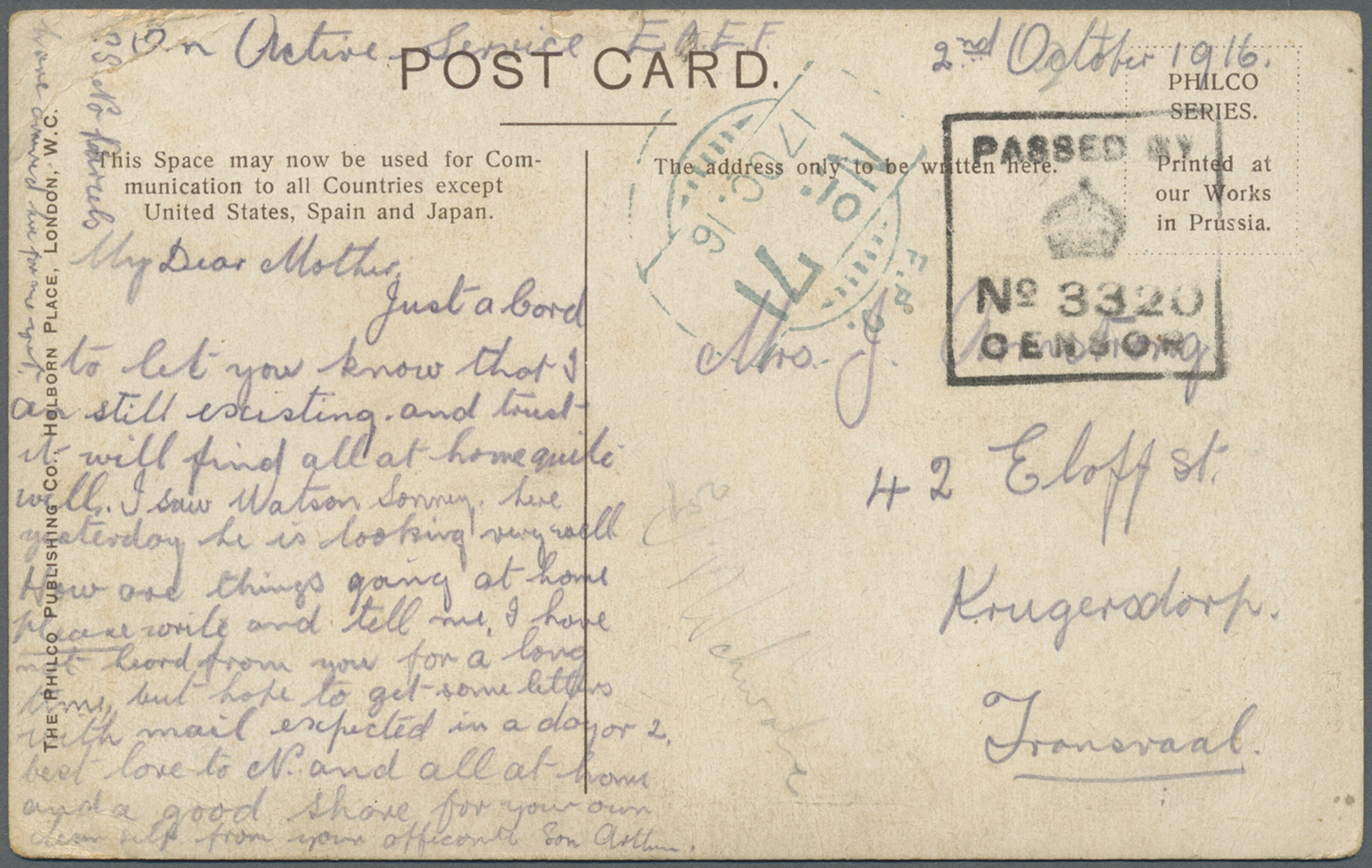 Br Britisch-Ostafrika Und Uganda: 1916. Stampless Picture Post Card Addressed To Transvaal Endorsed 'On Active Service'  - East Africa & Uganda Protectorates
