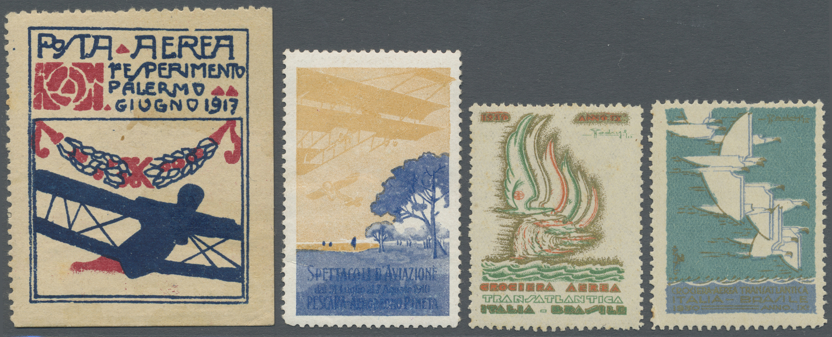 */(*) Italien - Besonderheiten: 1917-30 Ca.: Four Different Airmail Vignettes Including A 1917 Vignette For Palermo - Non Classés