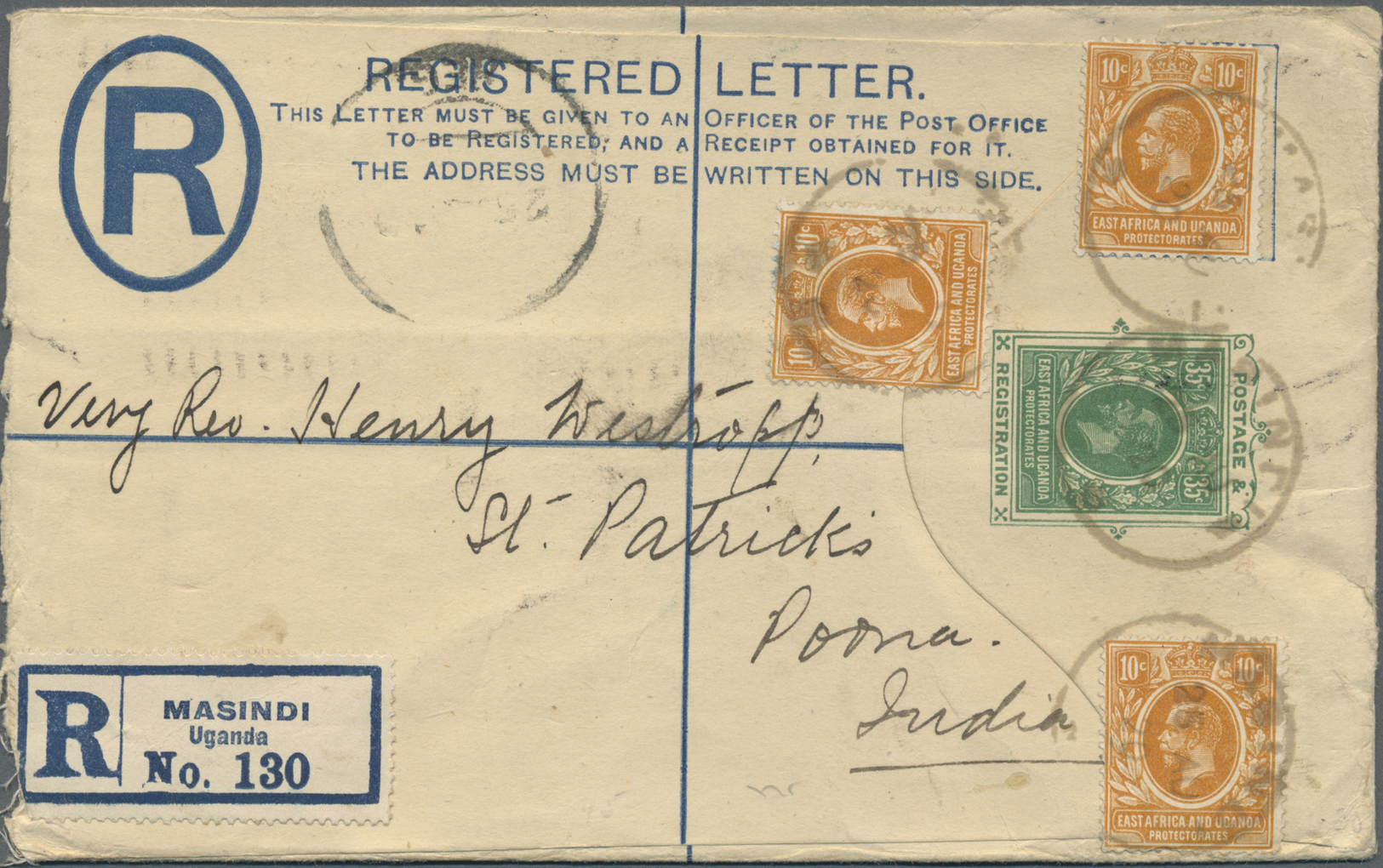 GA Britisch-Ostafrika Und Uganda: 1920. Registered East Africa Uganda Postal Stationery Envelope 35c Green Upgraded With - East Africa & Uganda Protectorates