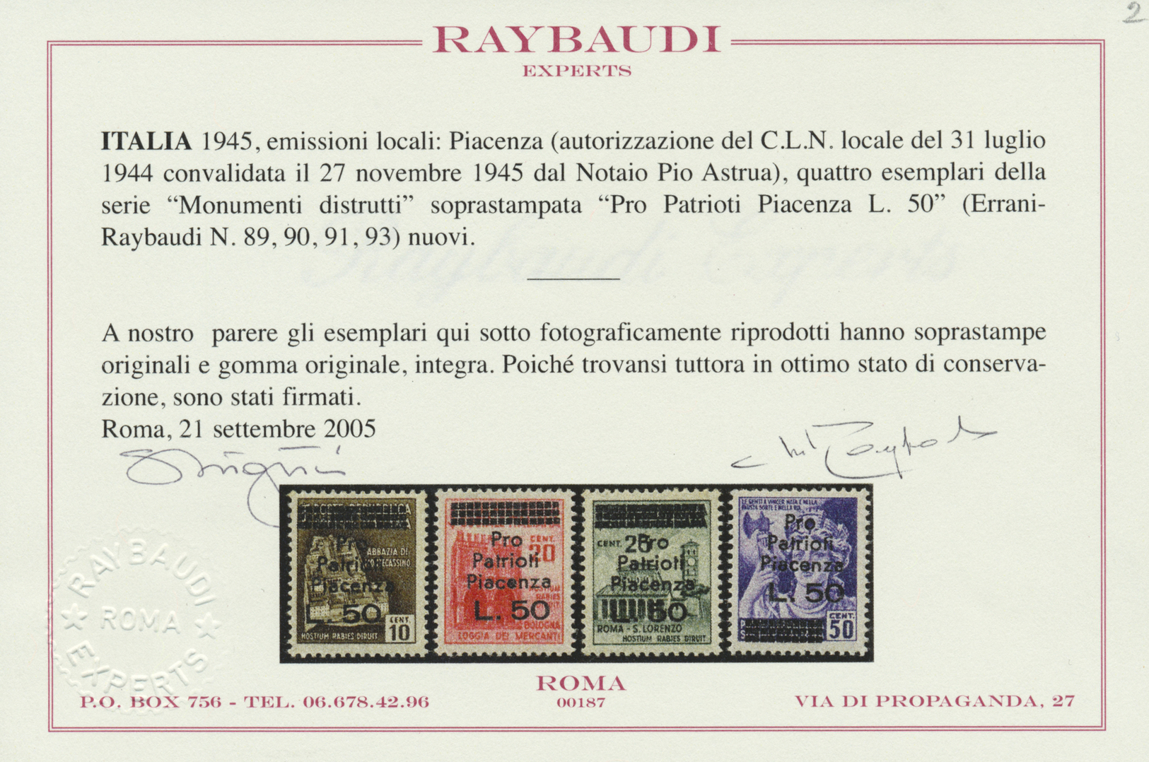 ** Italien - Besonderheiten: PIANCENZA (Local Post): 1945, 4 Items With Overprint "Pro Patrioti Piacenza L. 50", - Unclassified