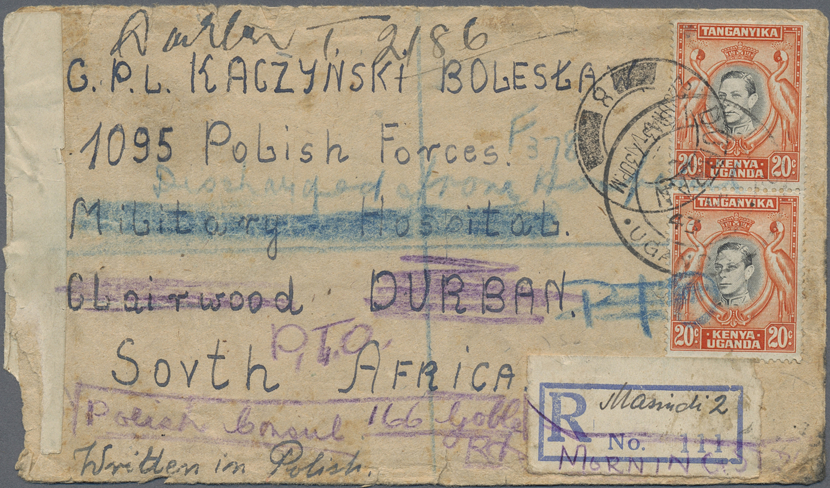 Br Britisch-Ostafrika Und Uganda: 1943. Registered Envelope Written From Masindi Polish Refugee Camp Addressed To The 'P - East Africa & Uganda Protectorates