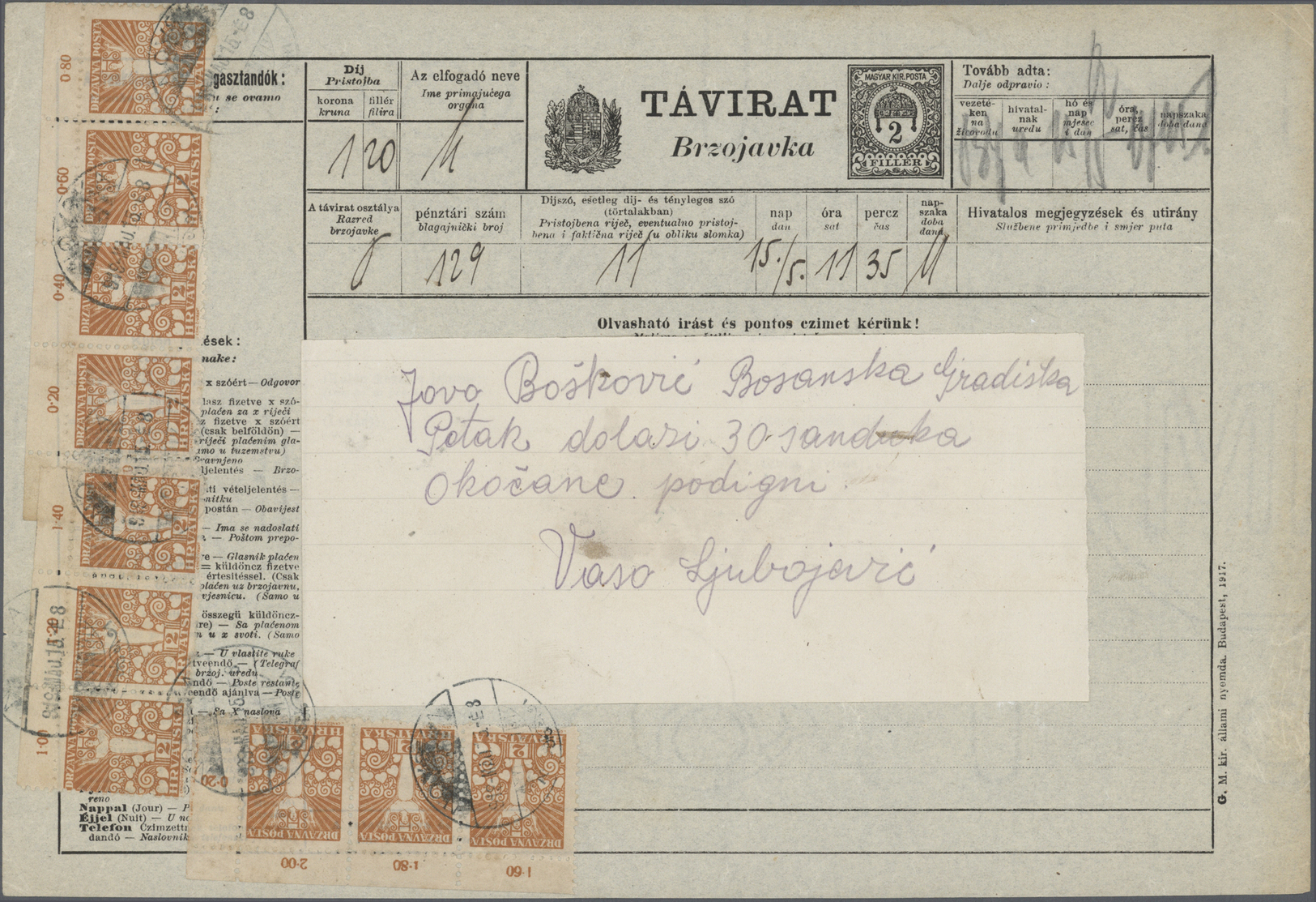 GA Jugoslawien: 1919: Ungarisches Telegramm 2 F. Schwarz Verwendet In Kroatien, Dort Frankiert Mit Der Jugoslawis - Lettres & Documents