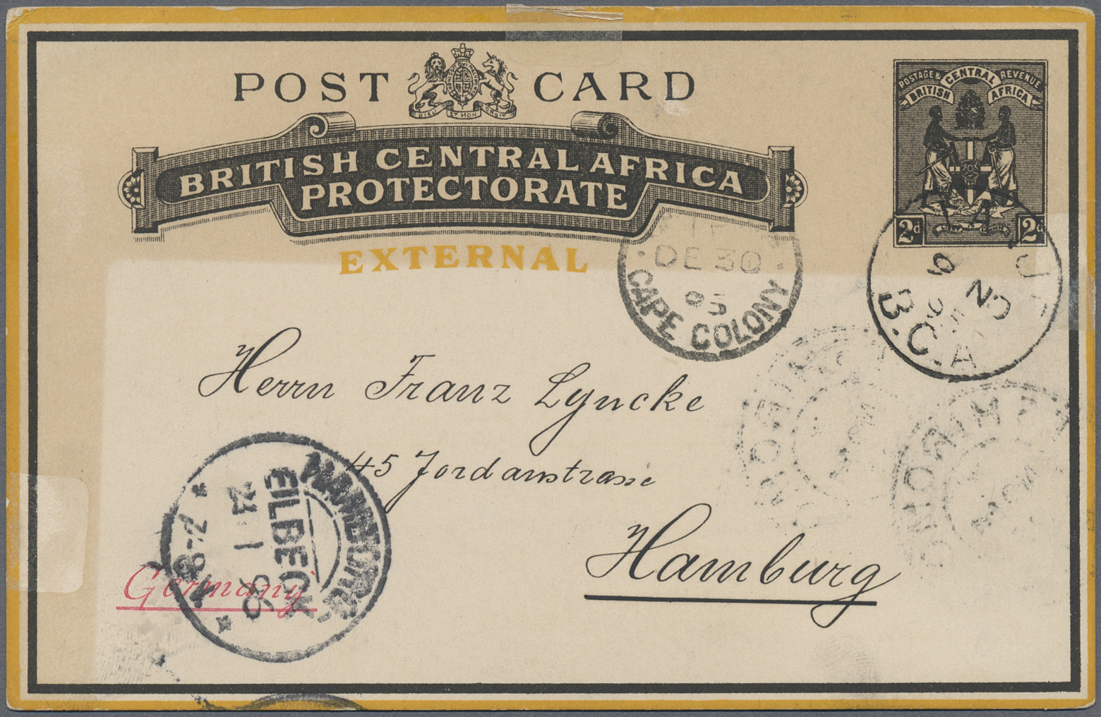 GA Britisch-Zentralafrika: 1895. Postal Stationery Card 2d Black (external) Addressed To Germany Cancelled By Mlanje Dat - Other & Unclassified
