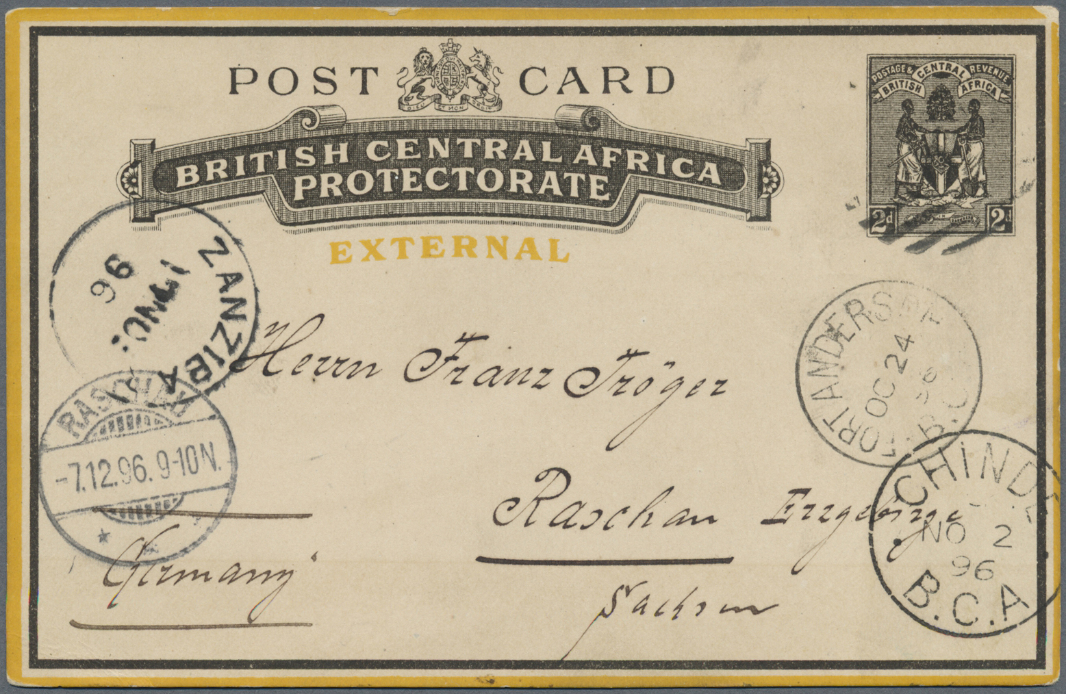 GA Britisch-Zentralafrika: 1896. Postal Stationery Card 2d Black (external) Addressed To Germany Cancelled By Numeral Ob - Other & Unclassified