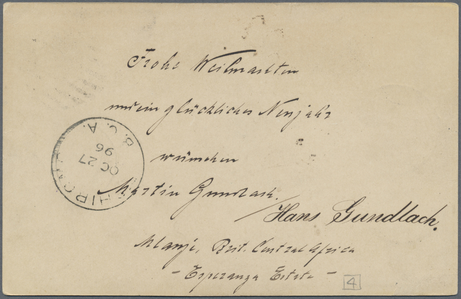 GA Britisch-Zentralafrika: 1896. Postal Stationery Card 2d Black (external) Addressed To Germany Cancelled By Numeral Ob - Other & Unclassified