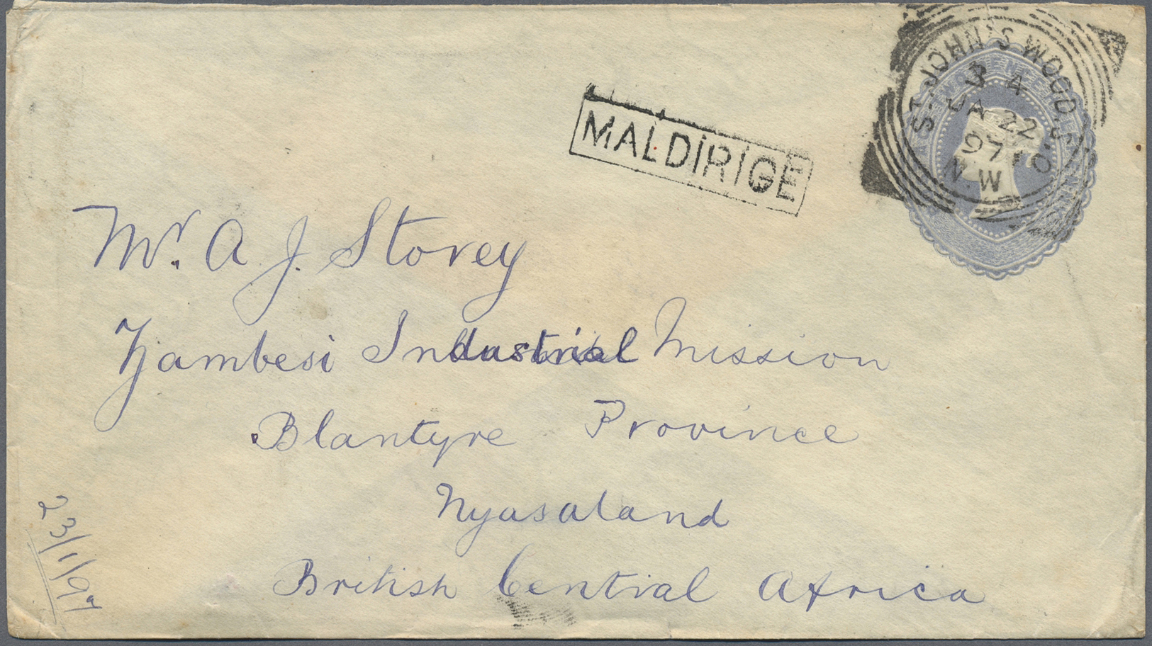 GA Britisch-Zentralafrika: 1897. Great Britain 2½d Grey/blue Postal Stationery Envelope Addressed To The 'Zambesi Lndust - Other & Unclassified