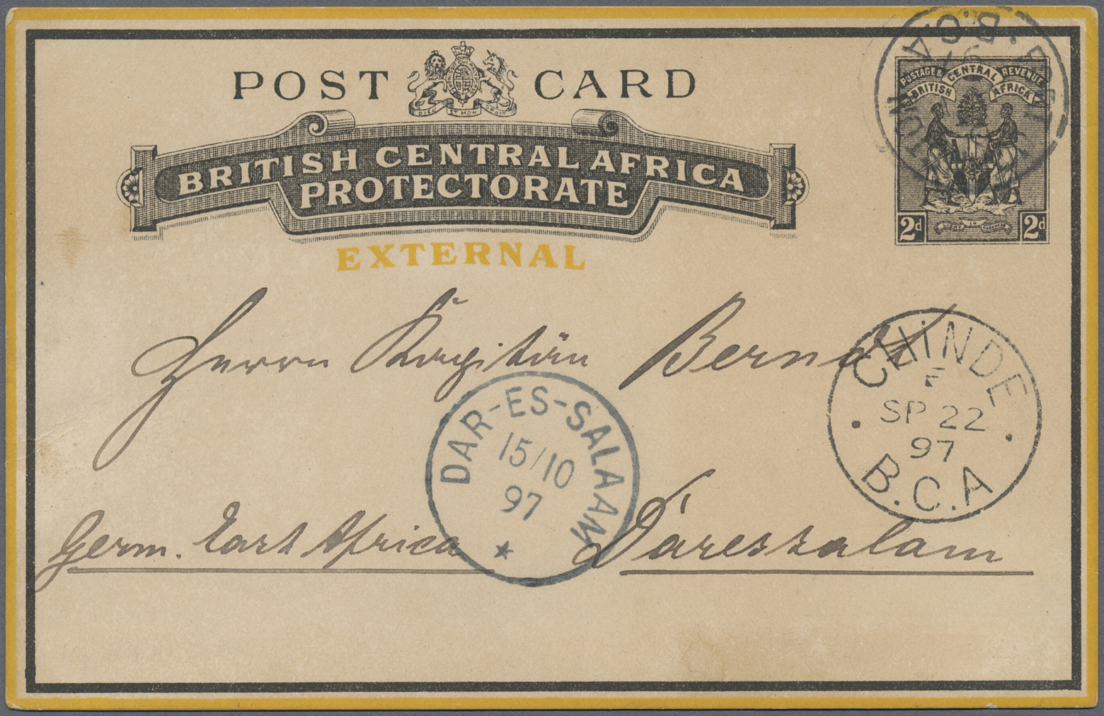 GA Britisch-Zentralafrika: 1897. Postal Stationery Card 2d Black (extemal) Addressed To German East Africa Cancelled By  - Other & Unclassified