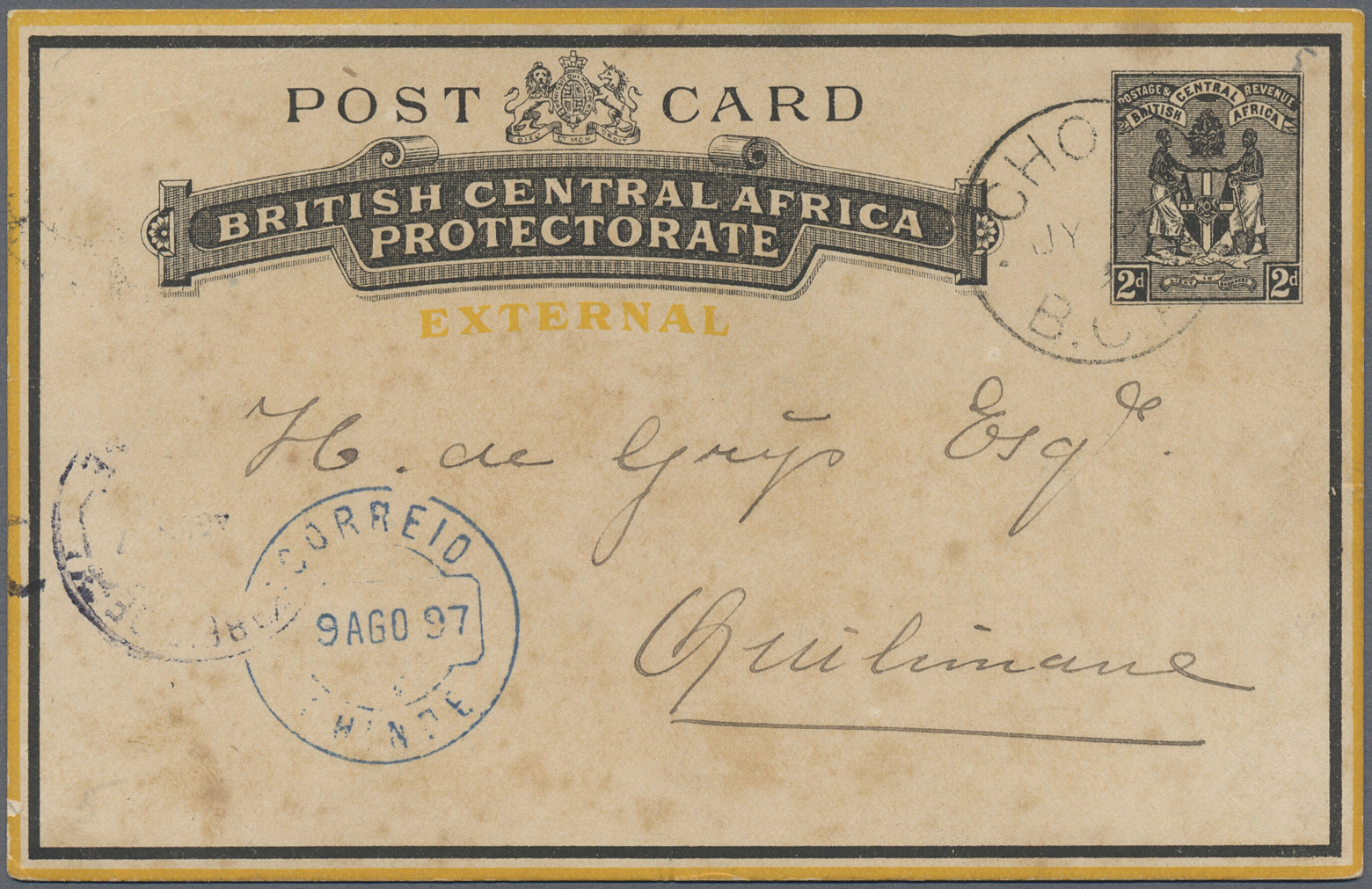 GA Britisch-Zentralafrika: 1897. Postal Stationery Card 2d Black (external) Addressed To Portuguese Africa Cancelled By  - Other & Unclassified
