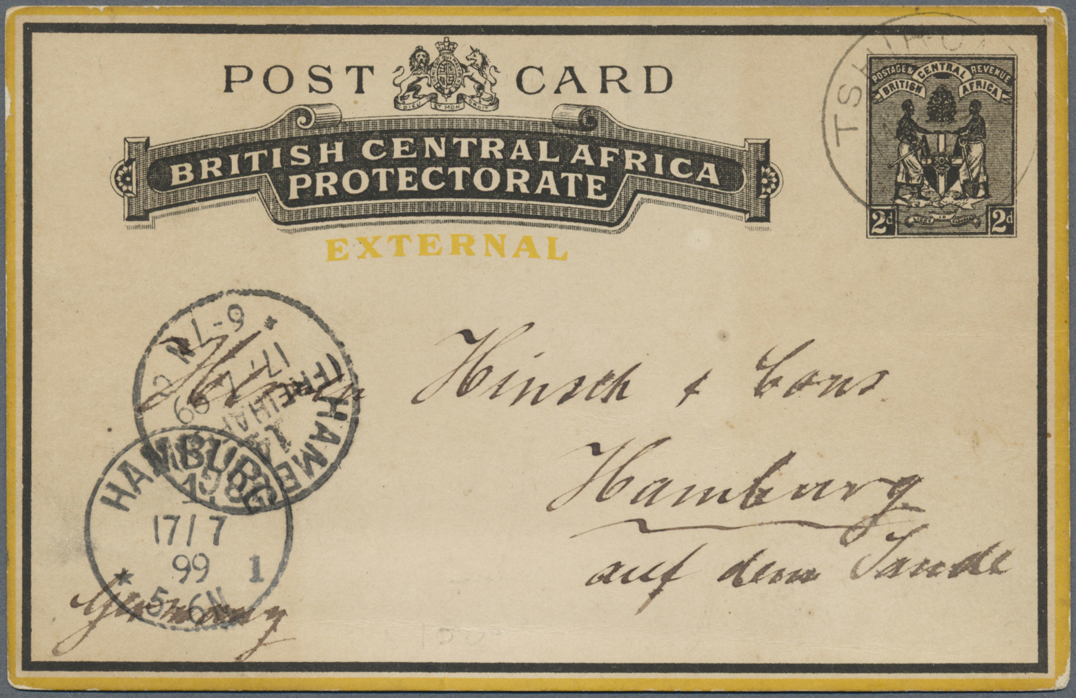 GA Britisch-Zentralafrika: 1899. Postal Stationery Card 2d Black (external) Addressed To Germany Cancelled By Tshinde Da - Other & Unclassified