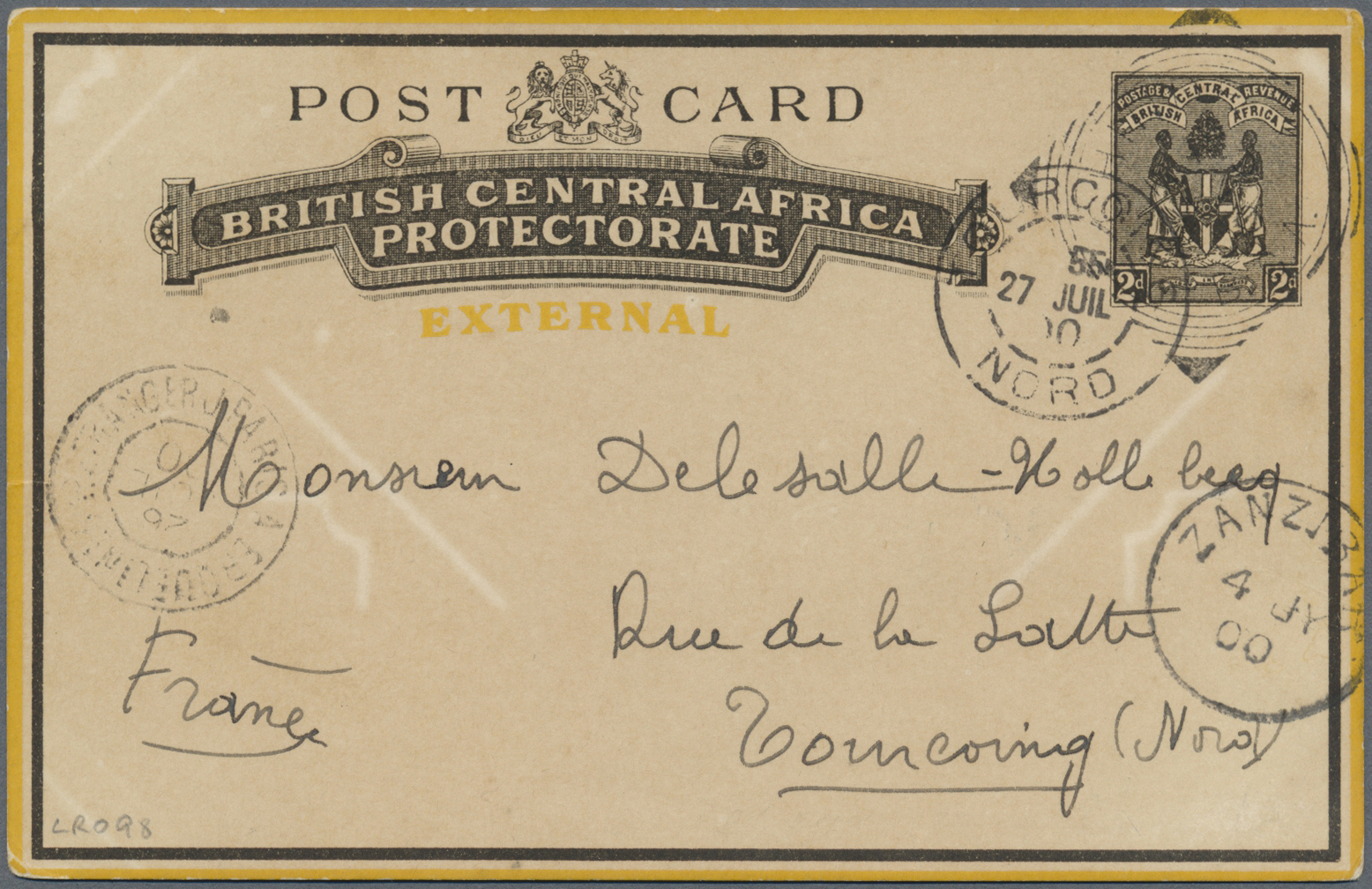 GA Britisch-Zentralafrika: 1900. Postal Stationery Card 2d Black (external) Addressed To France Cancelled By Chinde Squa - Other & Unclassified