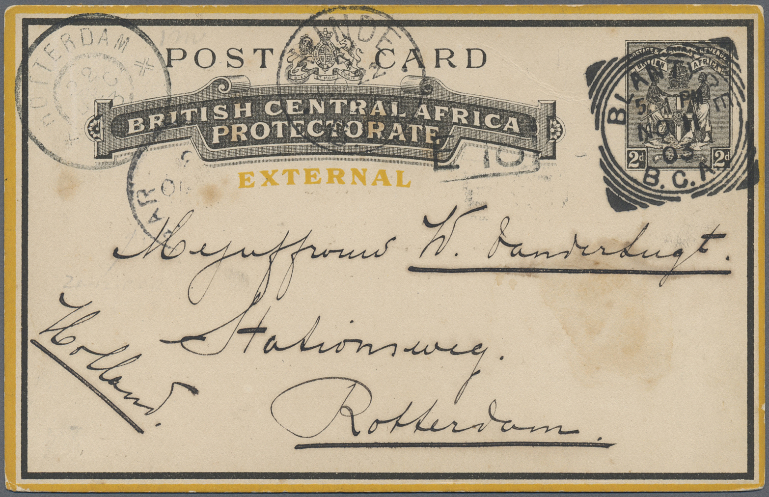 GA Britisch-Zentralafrika: 1903. Postal Stationery Card 2d Black (external) Addressed To Holland Cancelled By Blantyre S - Other & Unclassified