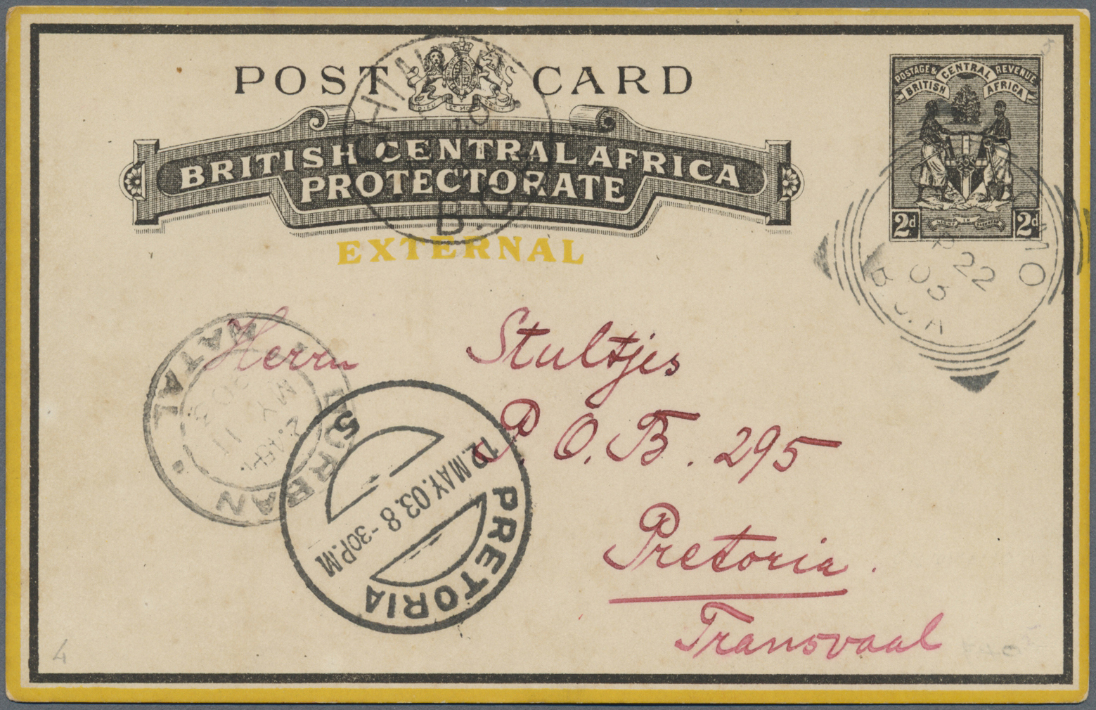 GA Britisch-Zentralafrika: 1903. Postal Stationery Card 2d Black (external) Addressed To Transvaal Chiromo Squared Circl - Other & Unclassified