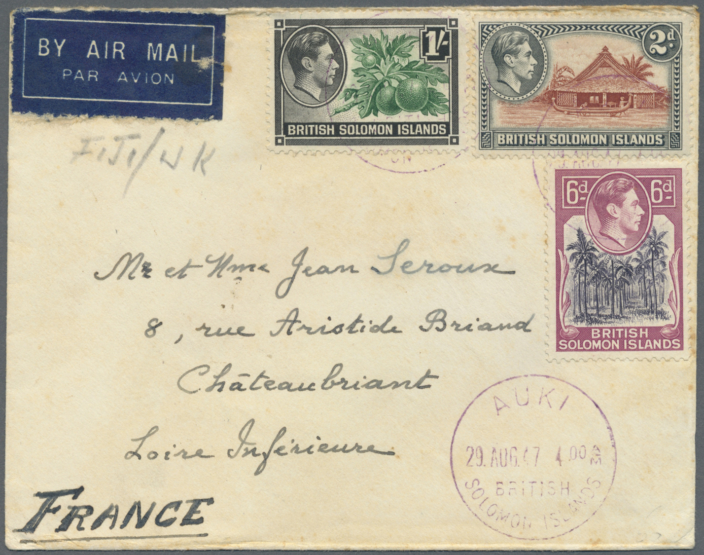 Br Britische Salomoninseln: 1947. Air Mail Envelope To France Bearing SG 63, 2d Orange And Grey, SG 67, 6d Lilac And Pur - British Solomon Islands (...-1978)