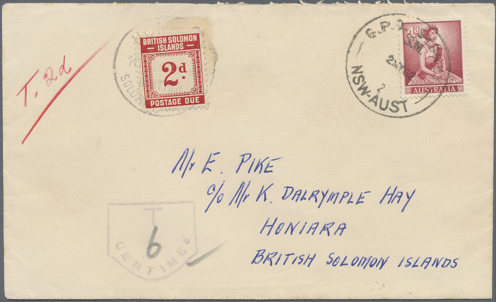 Br Britische Salomoninseln - Portomarken: 1962. Envelope Addressed To The British Solomon Islands Bearing Australia SG 3 - British Solomon Islands (...-1978)