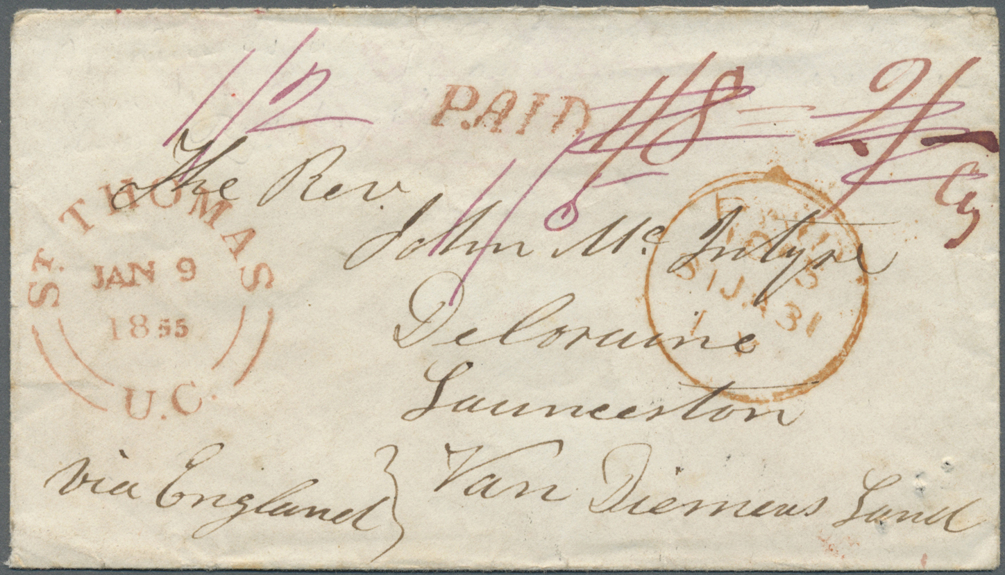 Br Canada - Vorphilatelie: 1855 (Jan 9): Stampless Cover From St. Thomas, Upper Canada To Launceston, Van Diemens Land ( - ...-1851 Prephilately