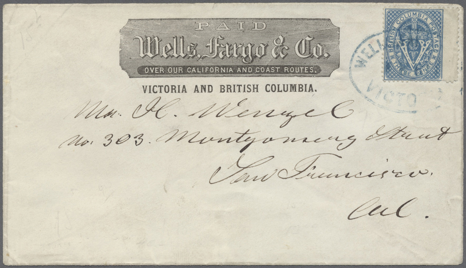 Br/GA Canada - Britisch-Columbia Und Vancouverinsel: 1861/1865 Pair Of Wells Fargo & Co. Envelopes Used From Victoria, B - Covers & Documents