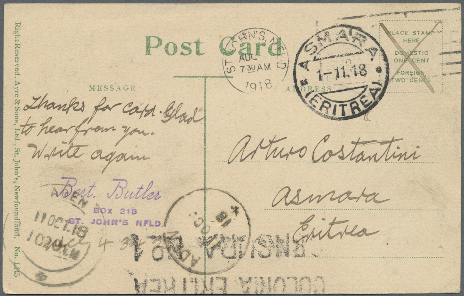 Br Neufundland: 1918. Picture Post Card Of 'Massawippi Lake' Addressed To Eritrea Bearing SG 88, 3c Red/orange Tied By B - 1857-1861