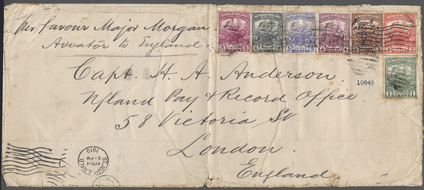 Br Neufundland: 1919, 3 C. Brown With Manuscript „Aerial Atlantic Mail J.A.R.”and 6 Other Values Tied By Machine Cancell - 1857-1861