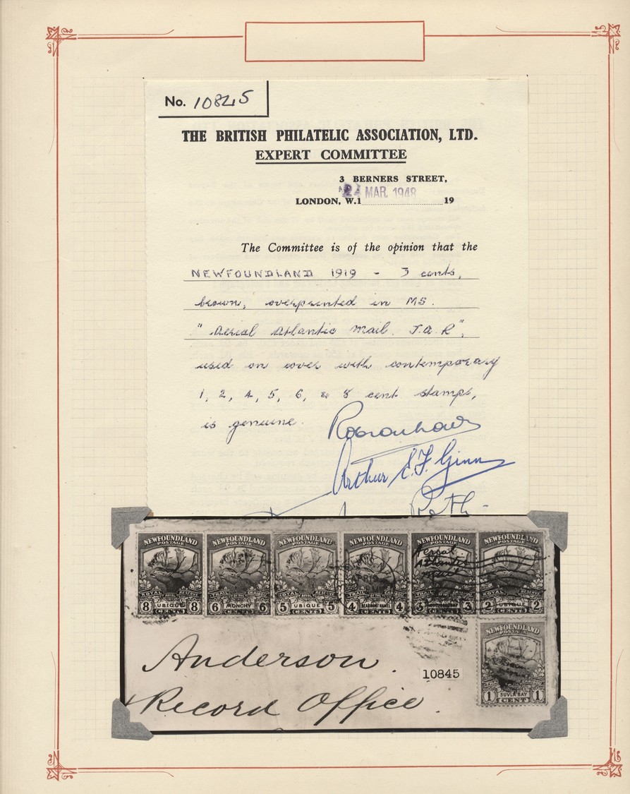 Br Neufundland: 1919, 3 C. Brown With Manuscript „Aerial Atlantic Mail J.A.R.”and 6 Other Values Tied By Machine Cancell - 1857-1861
