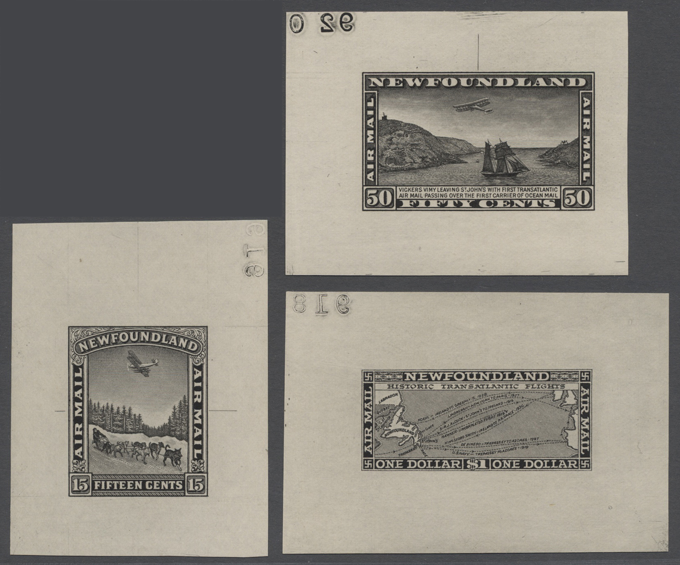 (*) Neufundland: 1930, Air Mail 15 C., 50 C. And 1 $ As Die Proofs In Black On Un-watermark Paper Without Gum, Complete  - 1857-1861