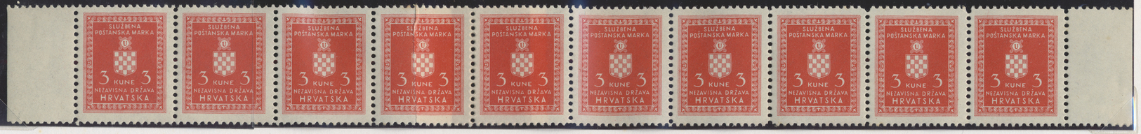 ** Kroatien - Dienstmarken: 1942, 3 Kuna Gezähnt L11½, Waagerechter 10er-Streifen, Rechts Und Links Mit Bogenrand - Croatia