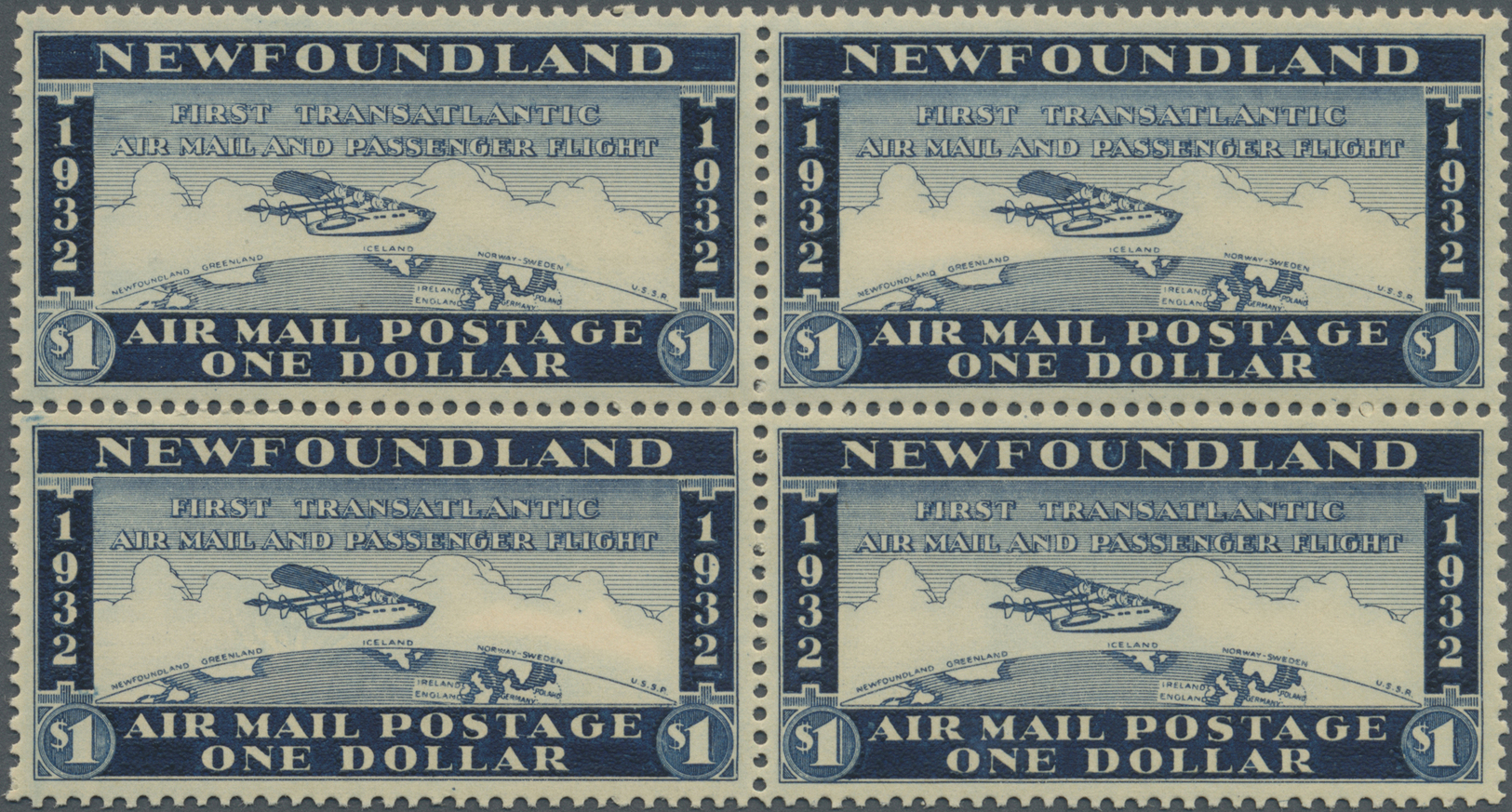 **/* Neufundland - Flugpost: 1932, 1 $ Blue, "Wayzata" Airmail Stamp, Block Of 4 (folded), VF Mint Original Gum (2 Stamp - Fin De Catalogue (Back Of Book)