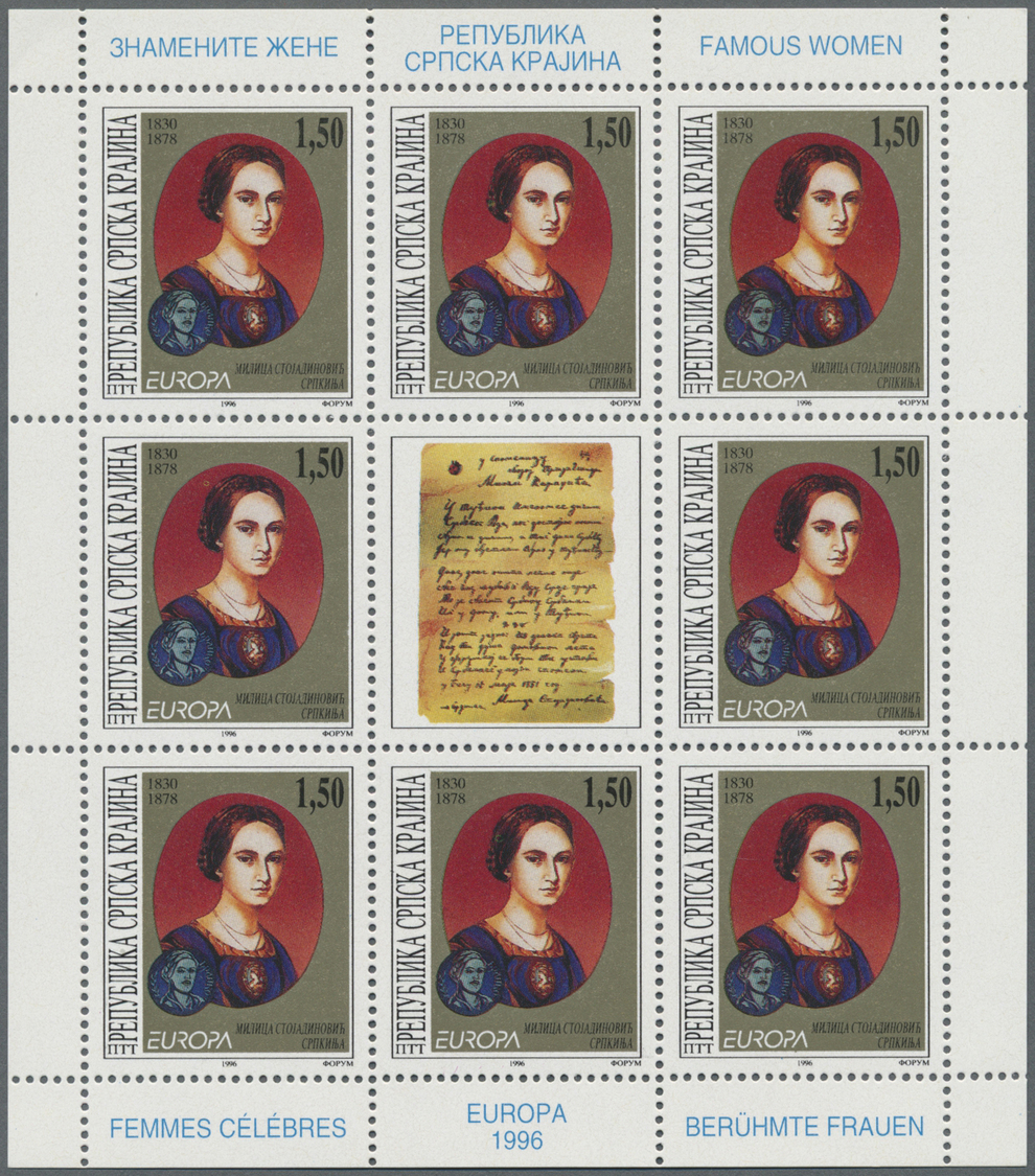 ** Kroatien - Serbische Krajina: 1996, Europa, Both Issues In Five Little Sheets Of 8 Stamps Each, Mint Never Hin - Croatia