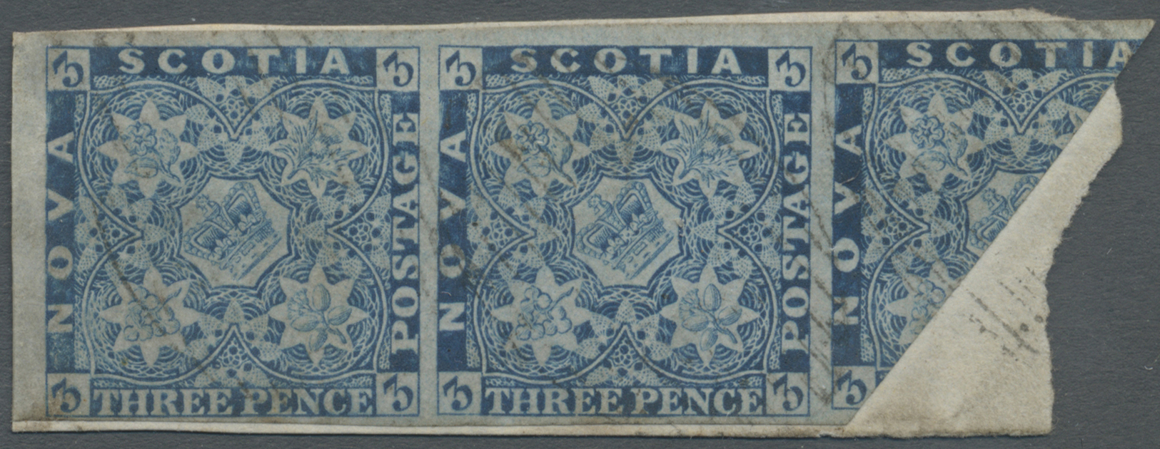 Brrst Neuschottland: 1857, Crown And Heraldic Flowers Imperf. 3d. Pale Blue Horiz. Strip Of Three With The Right Stamp D - Covers & Documents