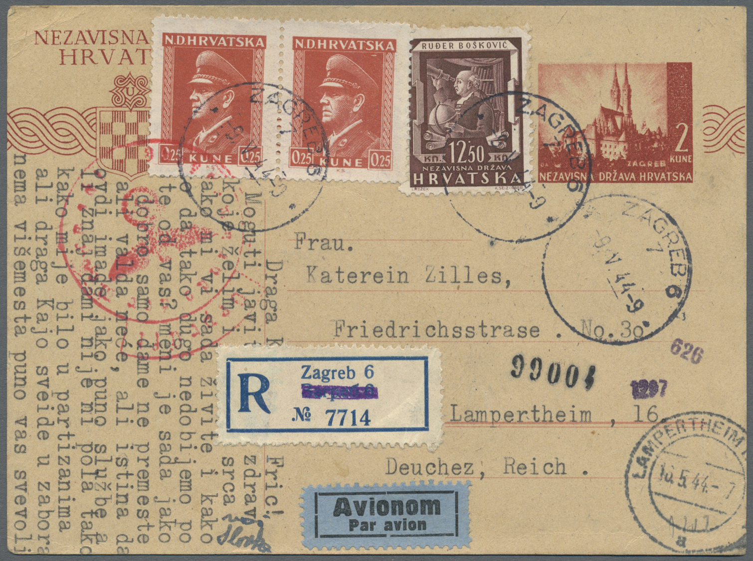 GA Kroatien - Ganzsachen: 1941, GA-Karte 2 Kuna Hintergrund Ohne Sonnenstrahlen Mit Zusatzfrankatur Als LuPo-Expr - Croatia