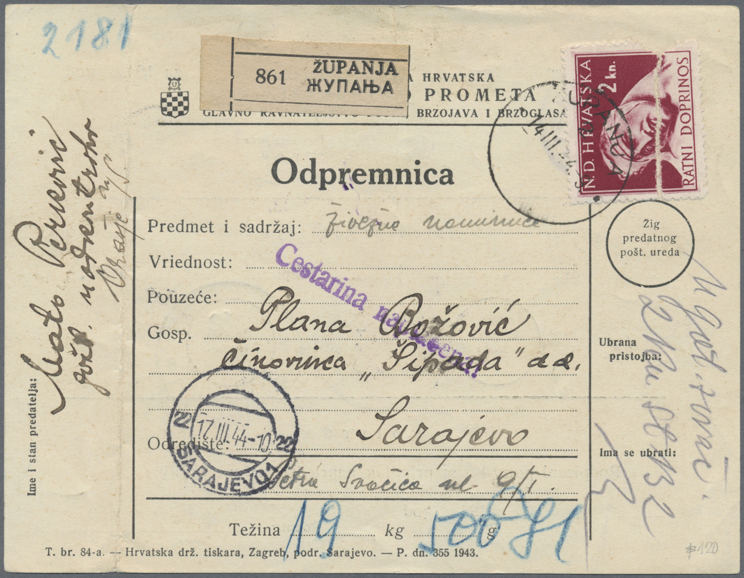 Br Kroatien - Besonderheiten: 1944, Dienst-Paketkarte Von Zupanja (14.3.1944) Nach Sarajevo, Für Paket über 19,5 - Croatie