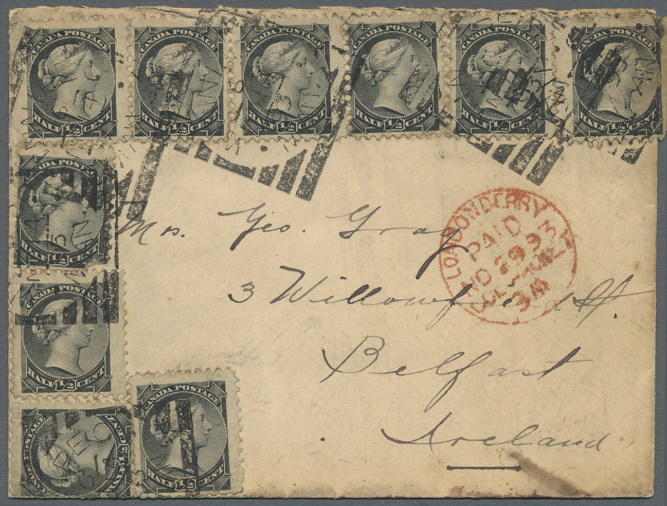 Br Canada: 1893, ½c. Black, Ten Copies On Cover From "WINNIPEG NO 14 93" To Belfast/Ireland With Red Londonderry Receive - Other & Unclassified