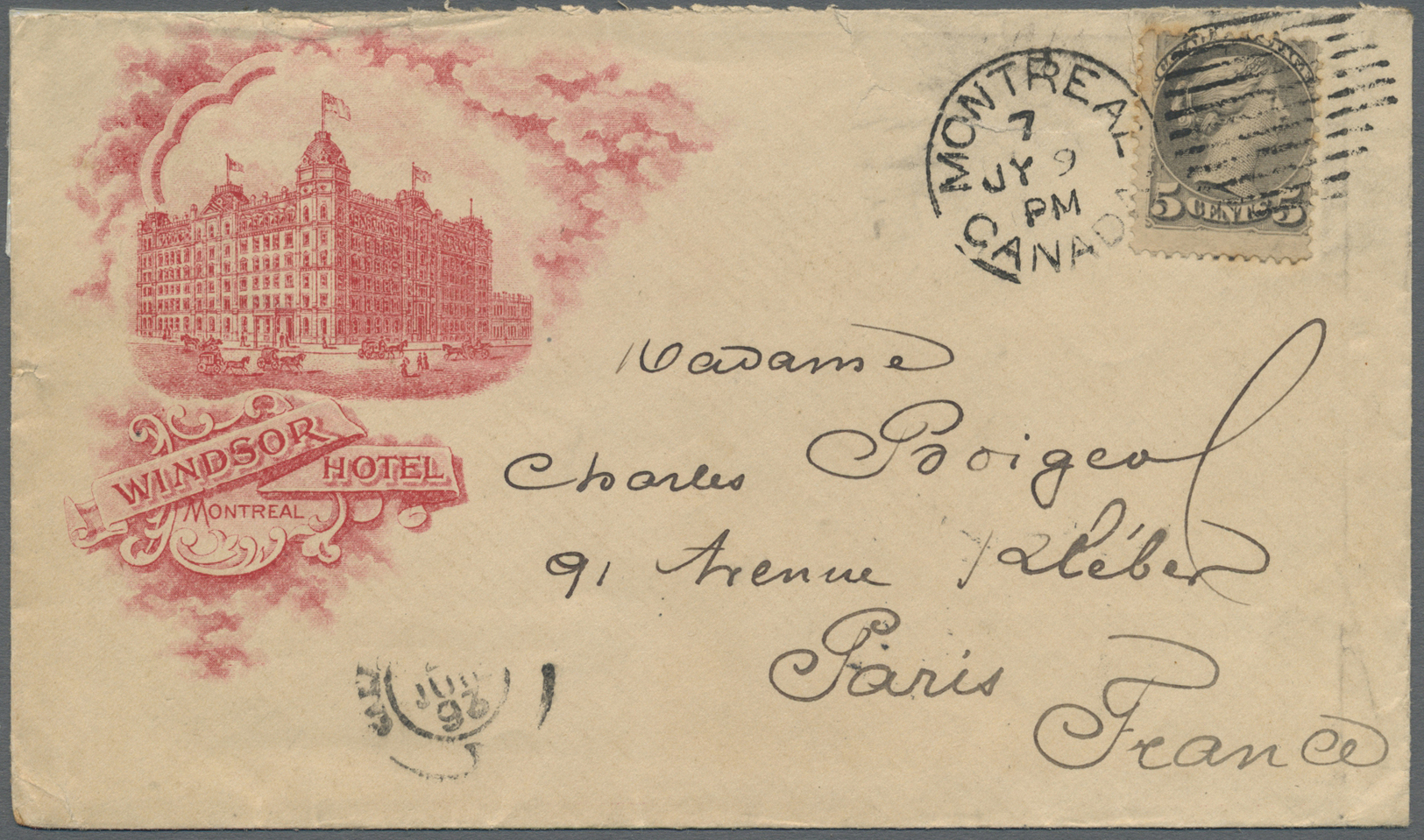 Br Canada: 1893. Illustrated Envelope From The 'Windsor Hotel, Montreal' Addressed To France Bearing ‘Small Queen’ SG 10 - Altri & Non Classificati
