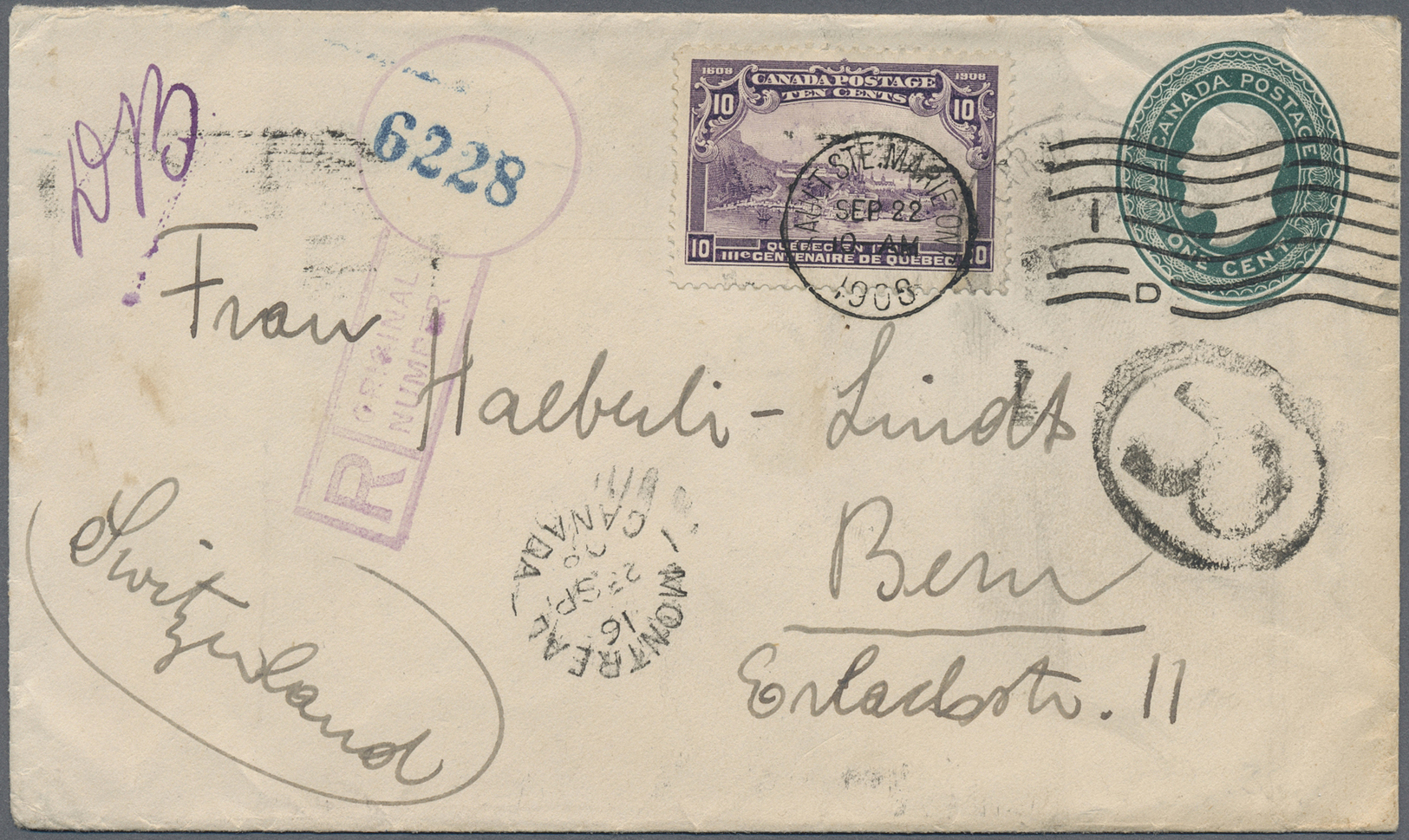 GA Canada: 1908. Registered KEVII Postal Stationery Envelope 'one Cent' Green (stains And Creases) Upgraded With 'Quebec - Autres & Non Classés