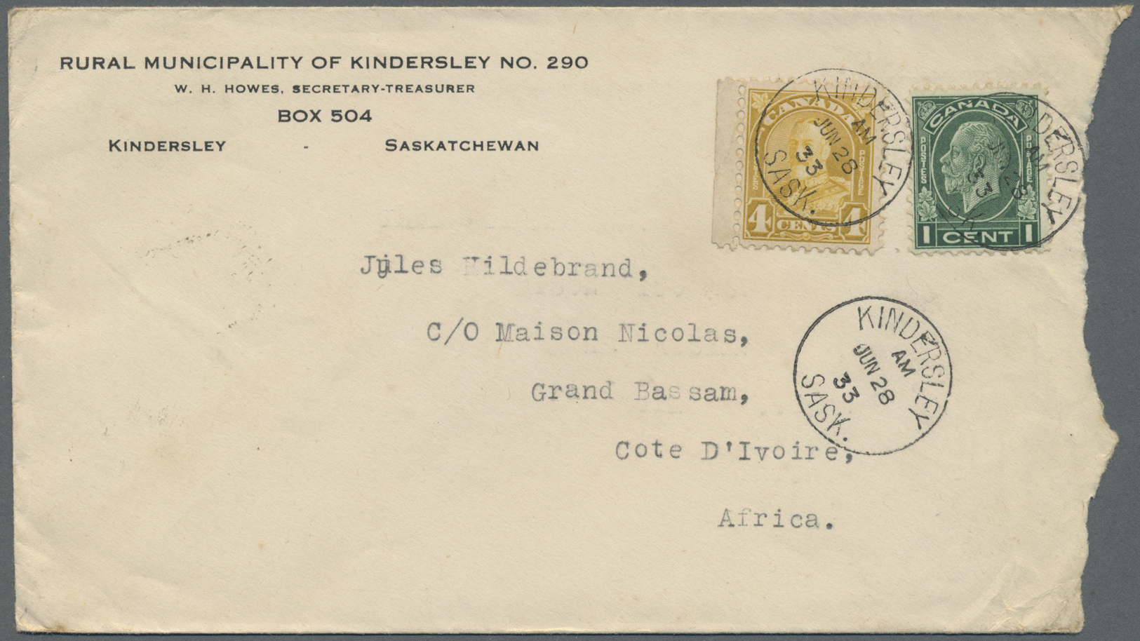 Br Canada: 1933. Envelope (roughly Opened At Right) Addressed To Grand Bassam, Cote D’lvoire, French West Africa Bearing - Other & Unclassified