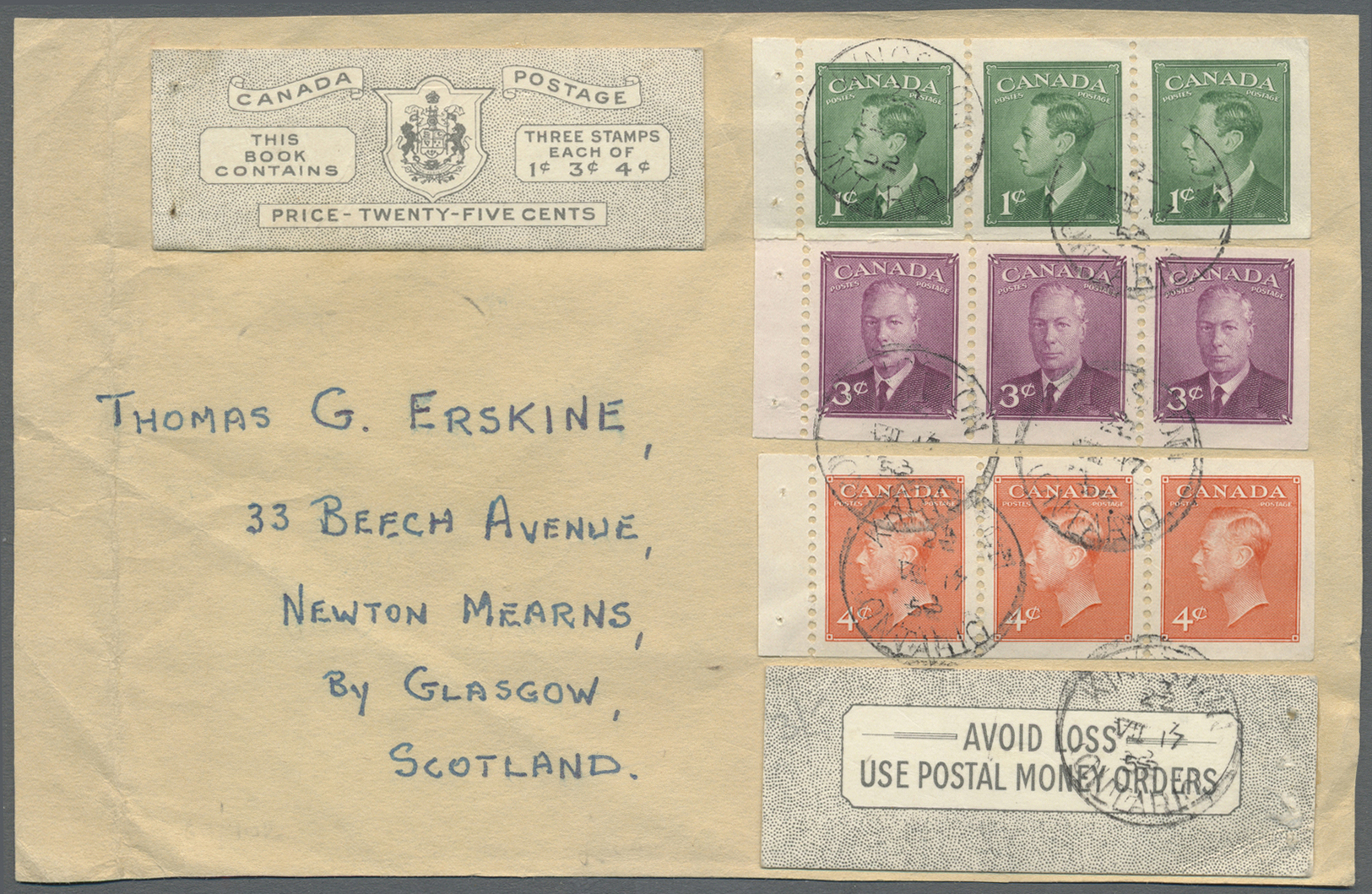 Br/Brrst Canada: 1952 (17.7.), Cover Front Bearing Three Different KGVI BOOKLET PANES Of Three (imperforate Around) Incl - Other & Unclassified
