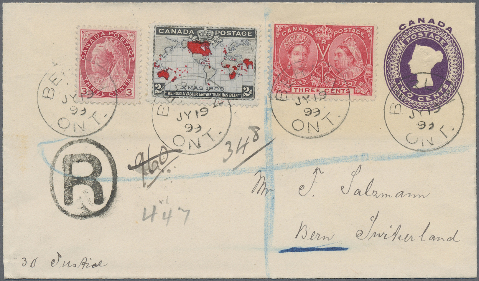 GA Canada - Ganzsachen: 1899, Stationery Envelope 3 C Uprated With X-Mass 3 C, British Imperium 3 C And QV 3 C Sent From - 1860-1899 Règne De Victoria