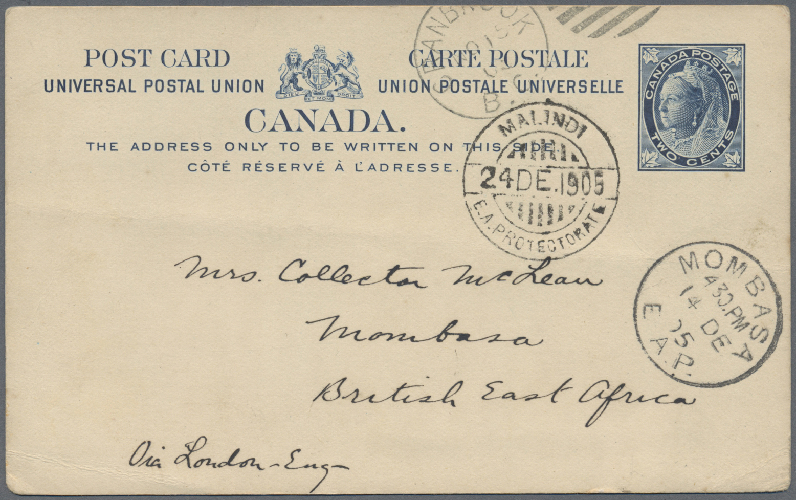 GA Canada - Ganzsachen: 1905. Canada Postal Stationery Card Two Cents Blue Cancelled By Cranbrook Date Stamp ‘Nov 15 05’ - 1860-1899 Reign Of Victoria