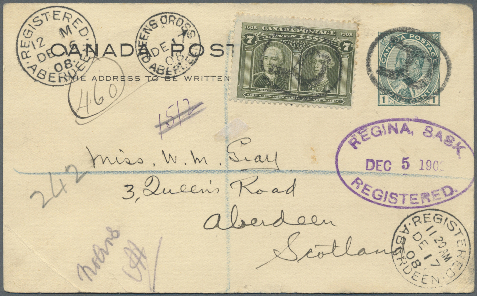 GA Canada - Ganzsachen: 1908. Registered KEV11 Postal Stationery Card 'one Cent' Green Upgraded With 'Quebec' SG 192, 7c - 1860-1899 Reign Of Victoria