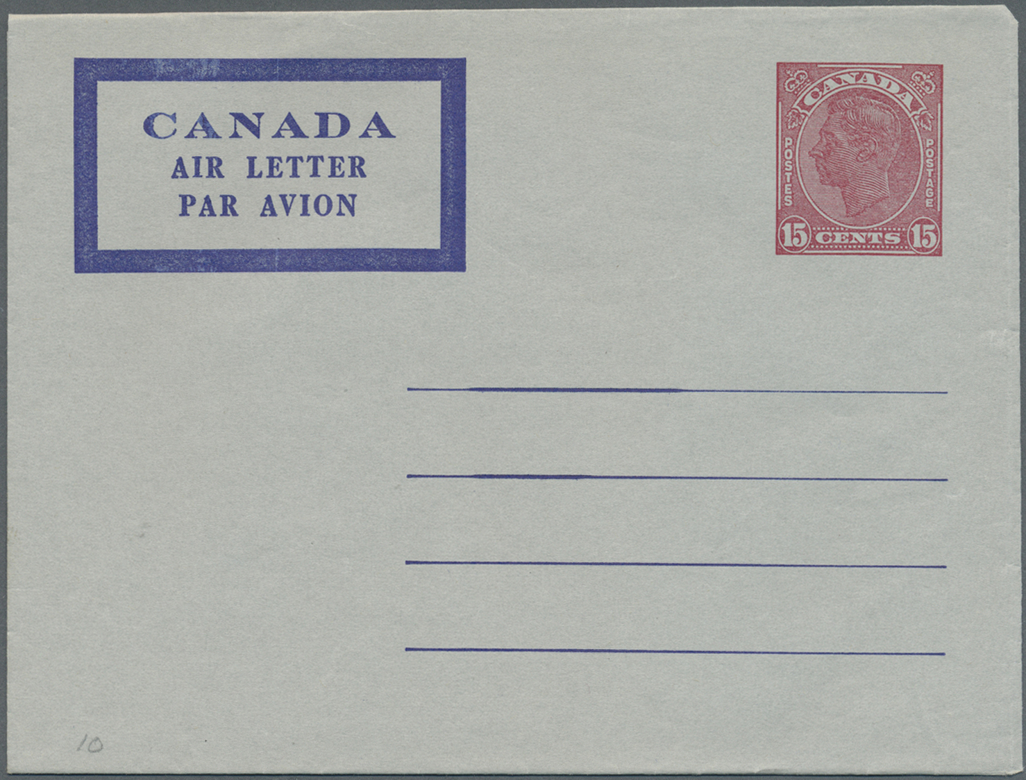 GA Canada - Ganzsachen: 1950 (ca.), Air Letter KGVI 15c. Red With MISSING BLUE PRINTING (inscription And Address Lines,  - 1860-1899 Reign Of Victoria