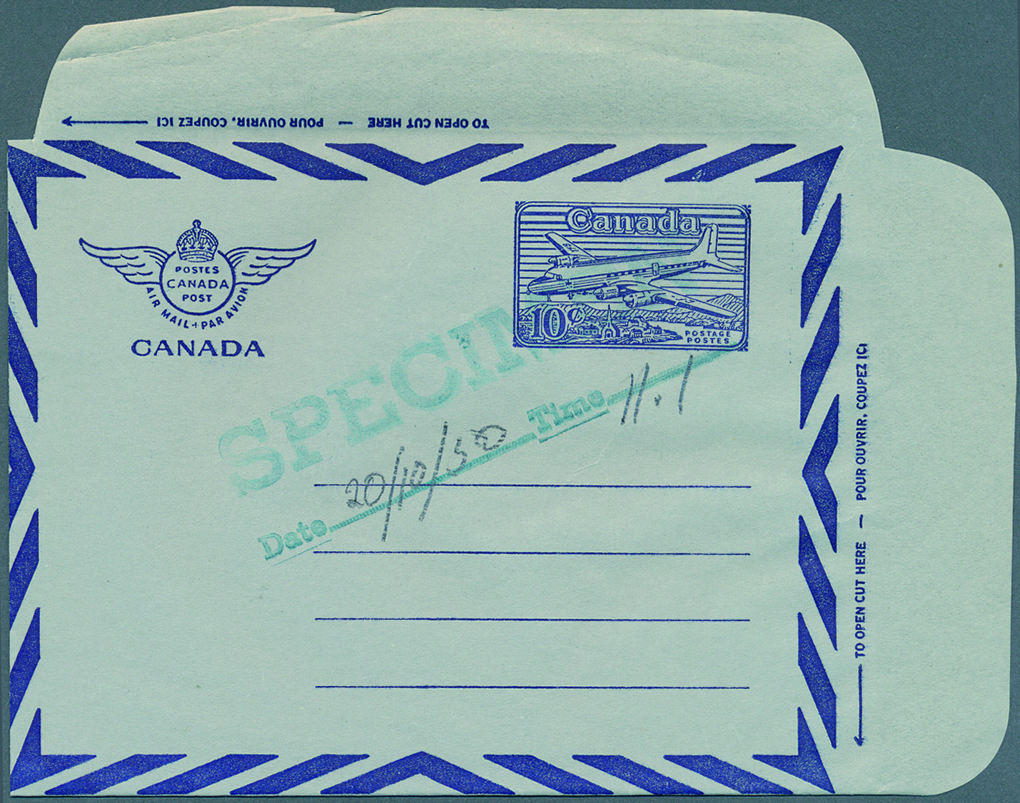 GA Canada - Ganzsachen: 1950 (ca.), Three Aerogrammes 10c. Blue 'airplane' All With Greensih Blue Handstamp 'SPECIMEN /  - 1860-1899 Reign Of Victoria