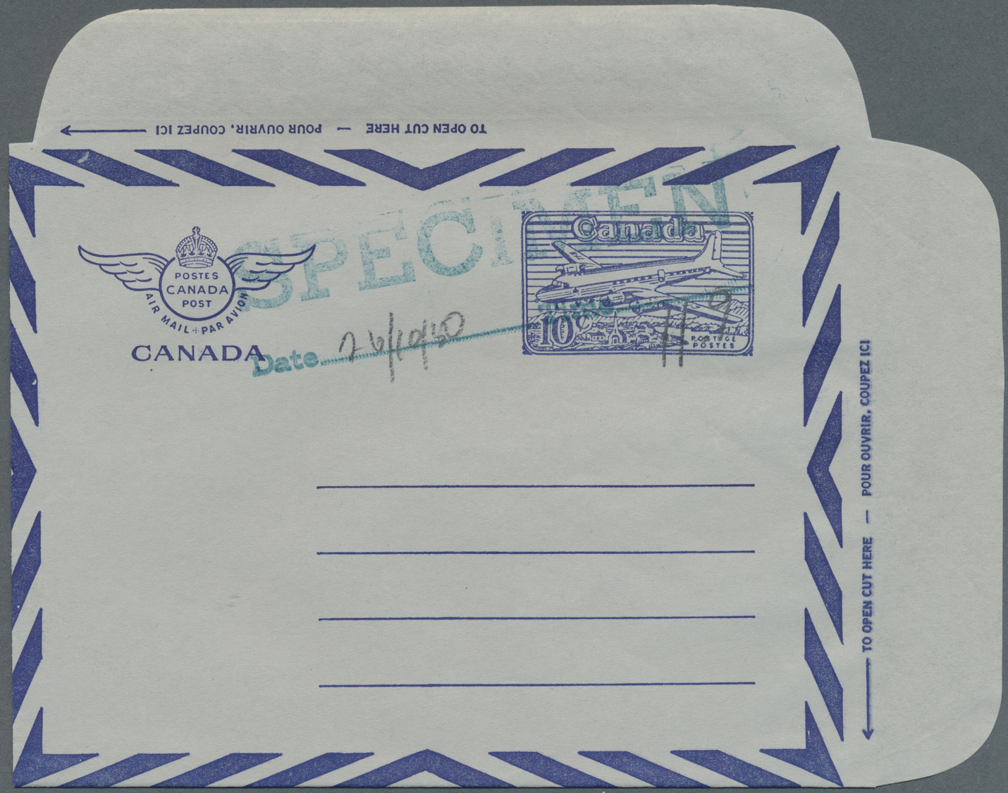 GA Canada - Ganzsachen: 1950 (ca.), Three Aerogrammes 10c. Blue 'airplane' All With Greensih Blue Handstamp 'SPECIMEN /  - 1860-1899 Reign Of Victoria