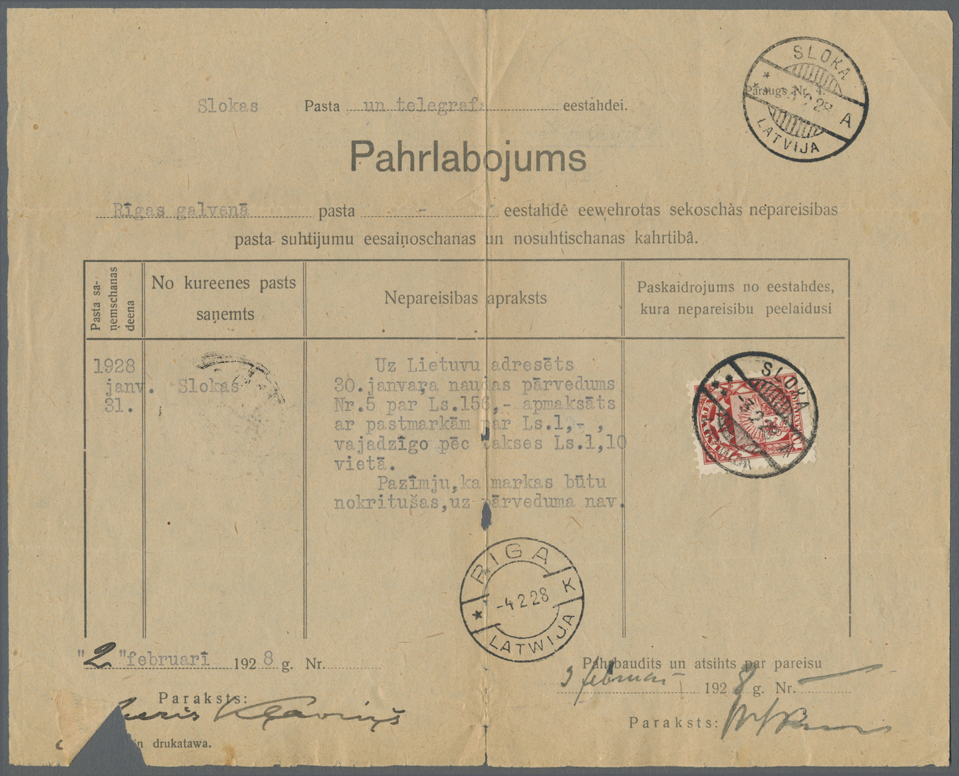 Br Lettland: 1929, Unterfrankierter Geldanweisung Betreffendes Schreiben Mit 0,10 Lat Frankiert Gest. "SLOKA 3.2. - Latvia