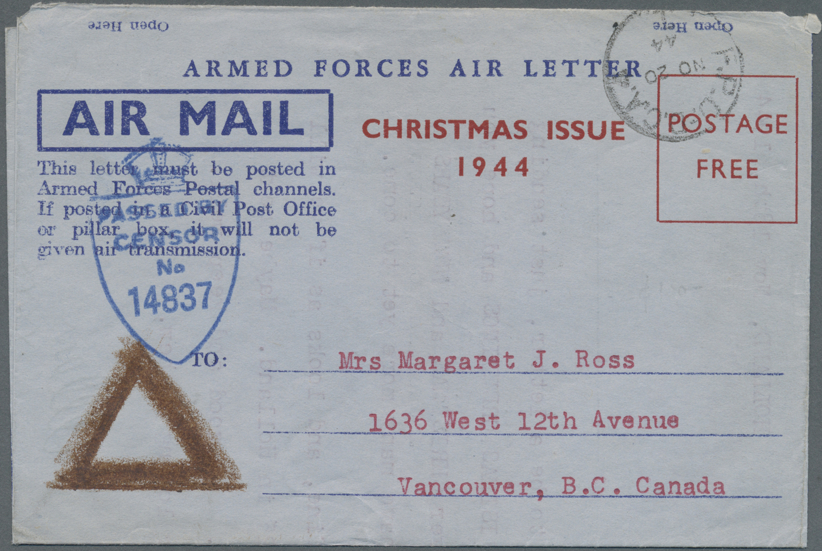 Br Canada - Besonderheiten: 1944, Three Armed Forces Air Letters All With Red Boxed 'POSTAGE FREE' And Two-line 'CHRISTM - Other & Unclassified