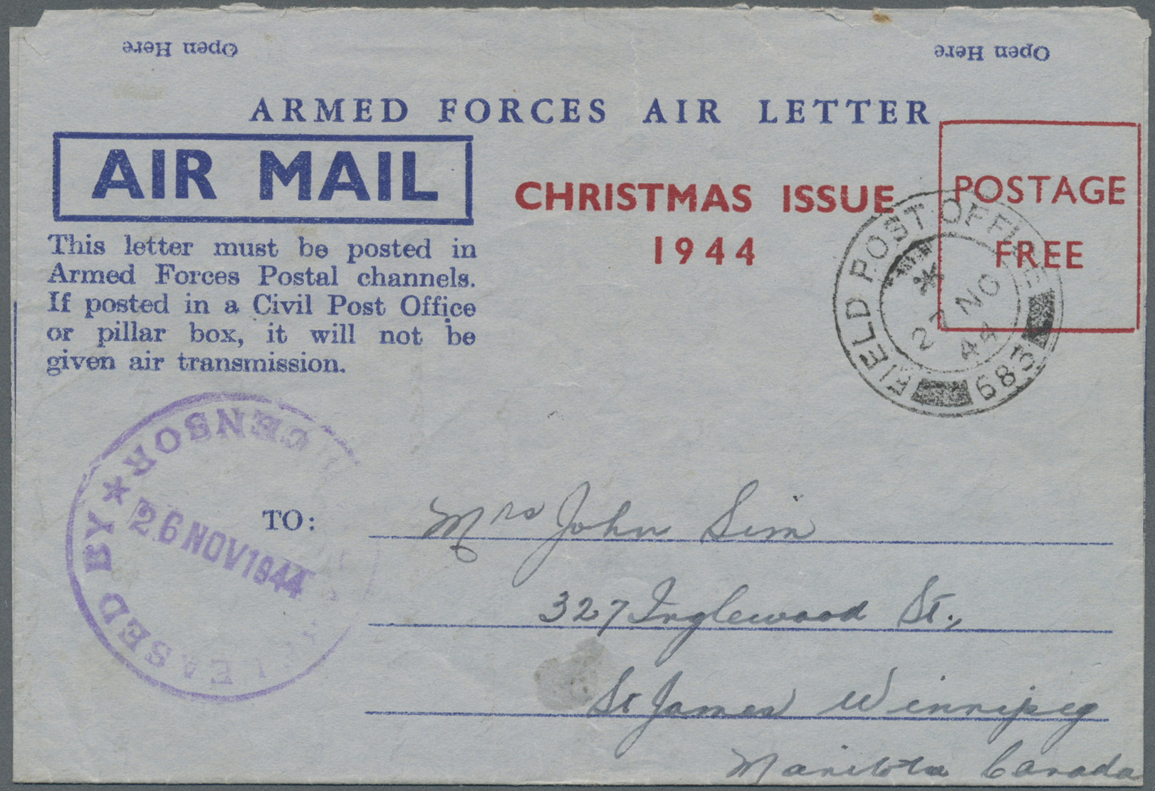 Br Canada - Besonderheiten: 1944, Three Armed Forces Air Letters All With Red Boxed 'POSTAGE FREE' And Two-line 'CHRISTM - Other & Unclassified