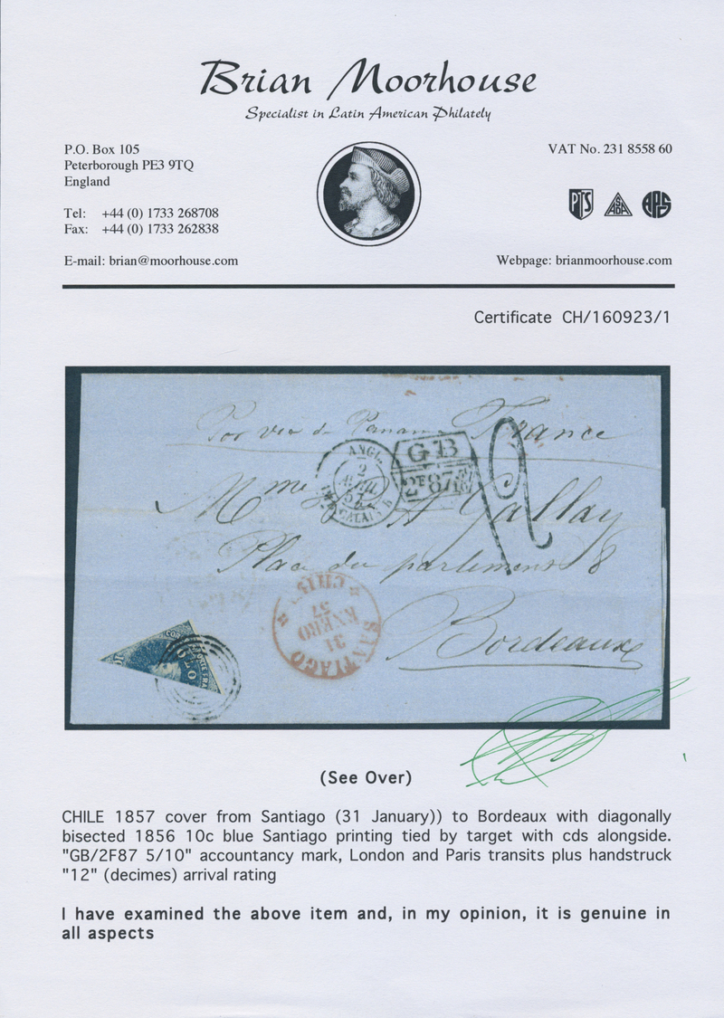 Br Chile: 1856, 10 C. Blue, Diagonally Bisected, Tied By Target Cancel To Folded Letter With Adjacent Red Cds. "SANTIAGO - Chile