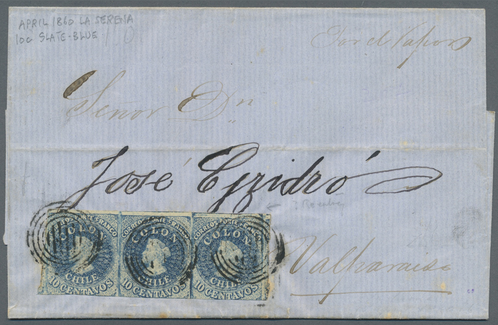 Br Chile: 1860. Envelope Written From La Serena Dated 'April 15 1860' Addressed To Valparaiso Bearing Yvert 6, 10c Slate - Chile