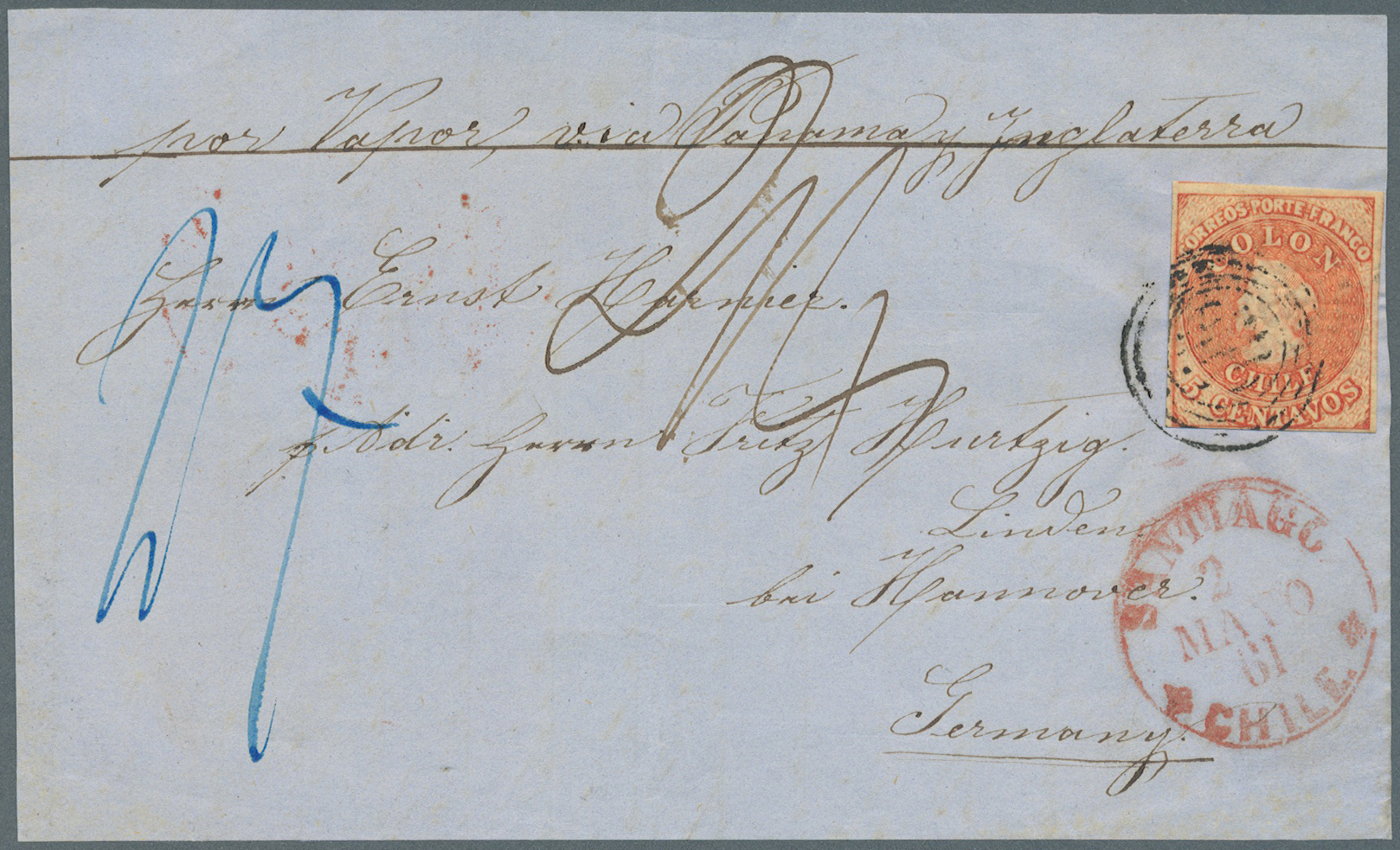 Br/Brrst Chile: 1861, 5c. Red, Single On Envelope Front Only Tied By Black Target, Red "SANTIAGO 2/MAYO 61 CHILE" Cds. A - Chile