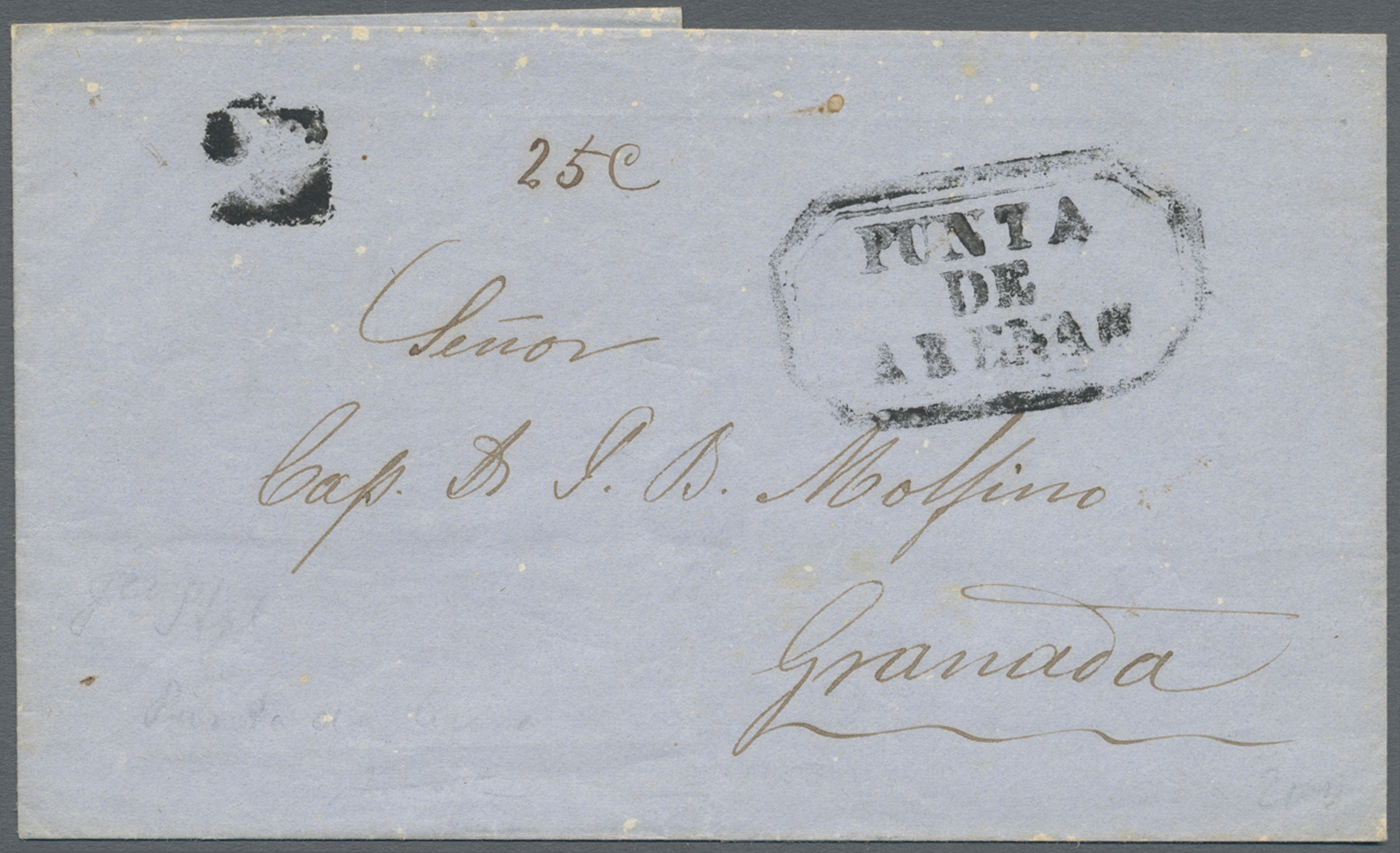 Br Chile: 1861 (13.7.), Stampless Folded Entire With Black Boxed Hs. 'PUNTA DEARENAS' And Ms. Taxe '25c' Beside Addresse - Chile