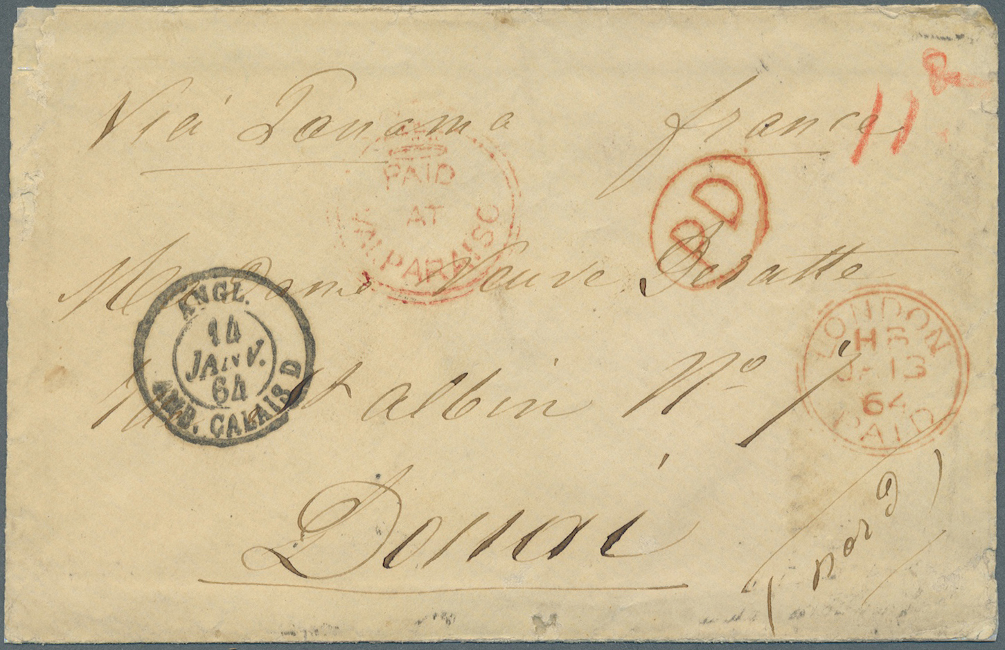 Br Chile: 1864, Stampless Folded Envelope Tied By Red Crown Mark "PAID AT VALPARAISO", Ms. "VIA PANAMA", Transit Mark Lo - Chili